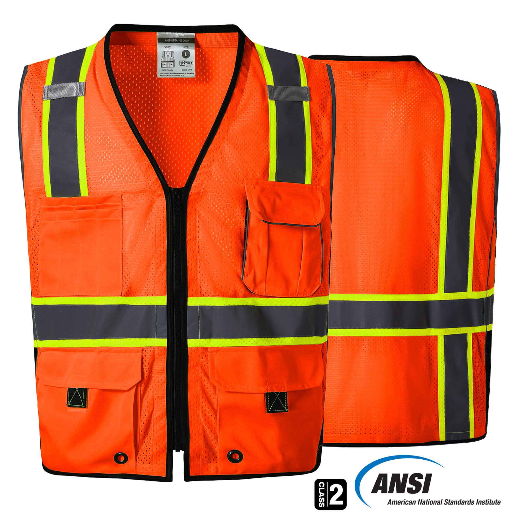 Hivispro ANSI Class-2 high-visibility safety vest V1062 in orange, front view with ANSI certification seal.
