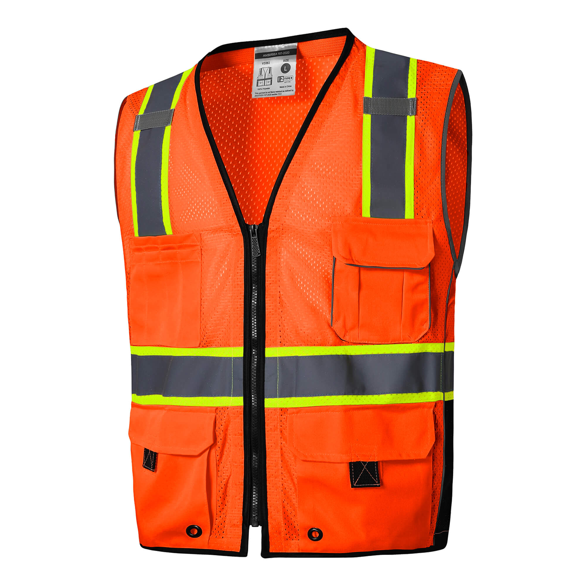 Hivispro ANSI Class-2 high-visibility safety vest V1062 in orange, side view.
