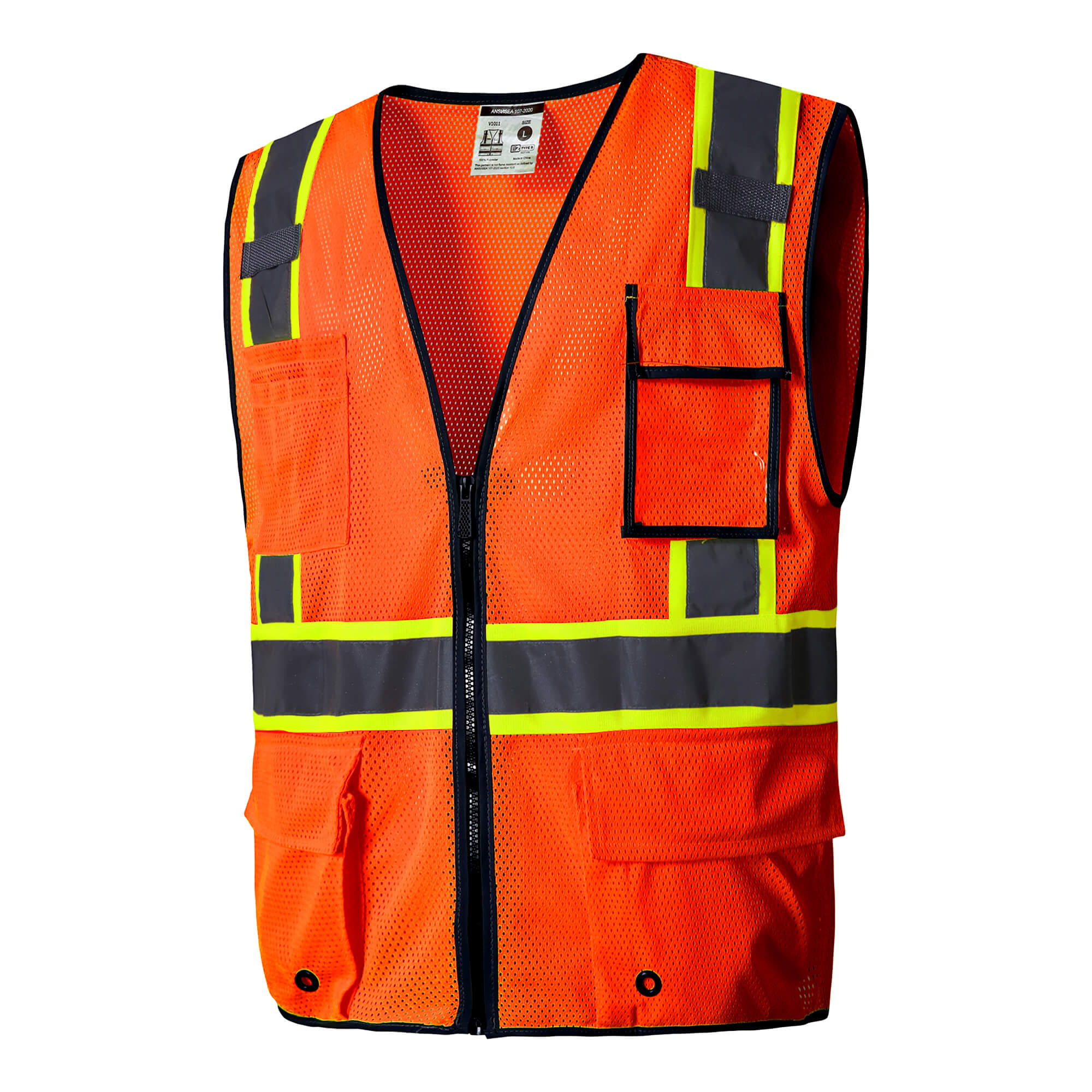 Hivispro ANSI Class-2 high-visibility safety vest V1032 in orange, side view