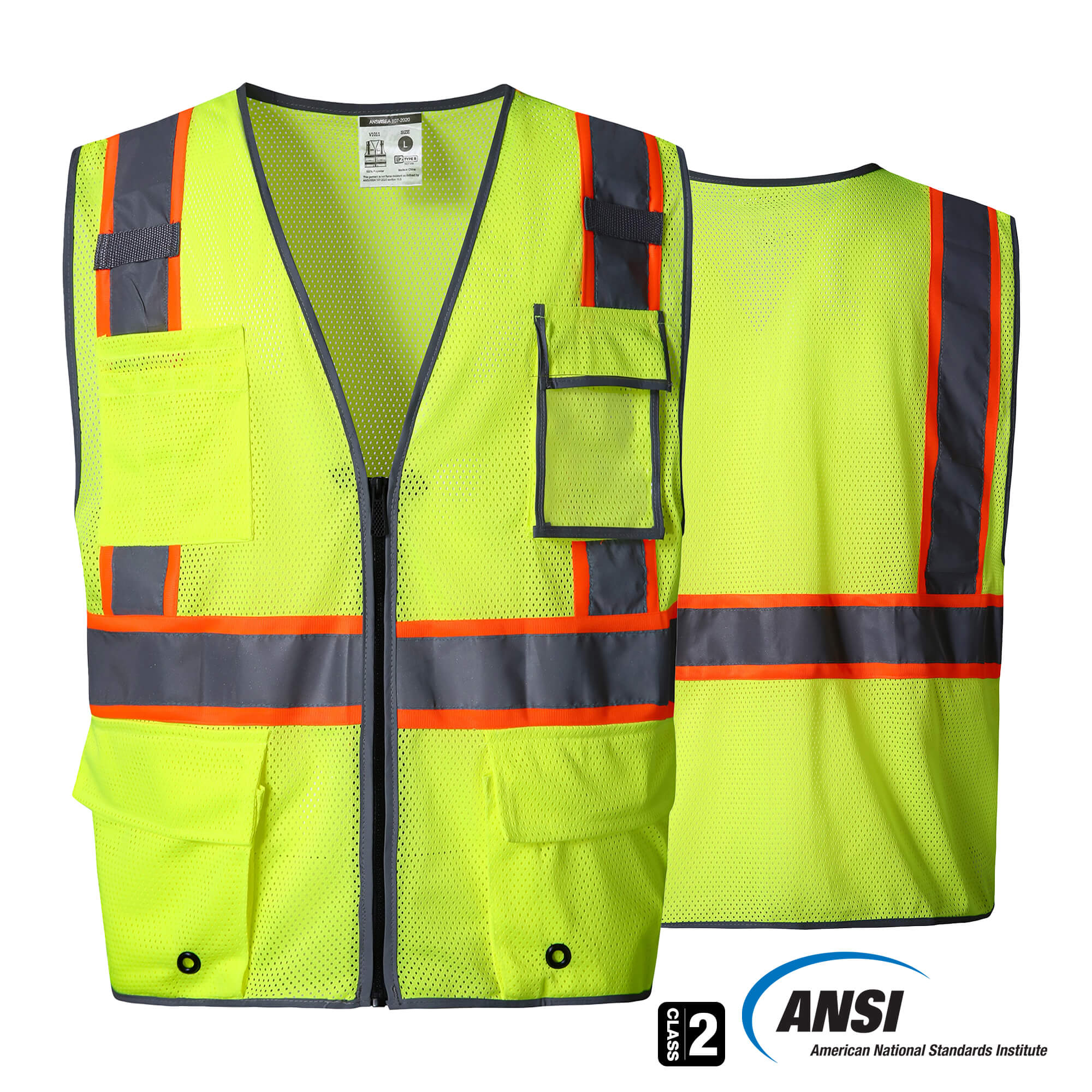 Hivispro ANSI Class-2 high-visibility safety vest V1031 in Lime, front view with ANSI certification seal