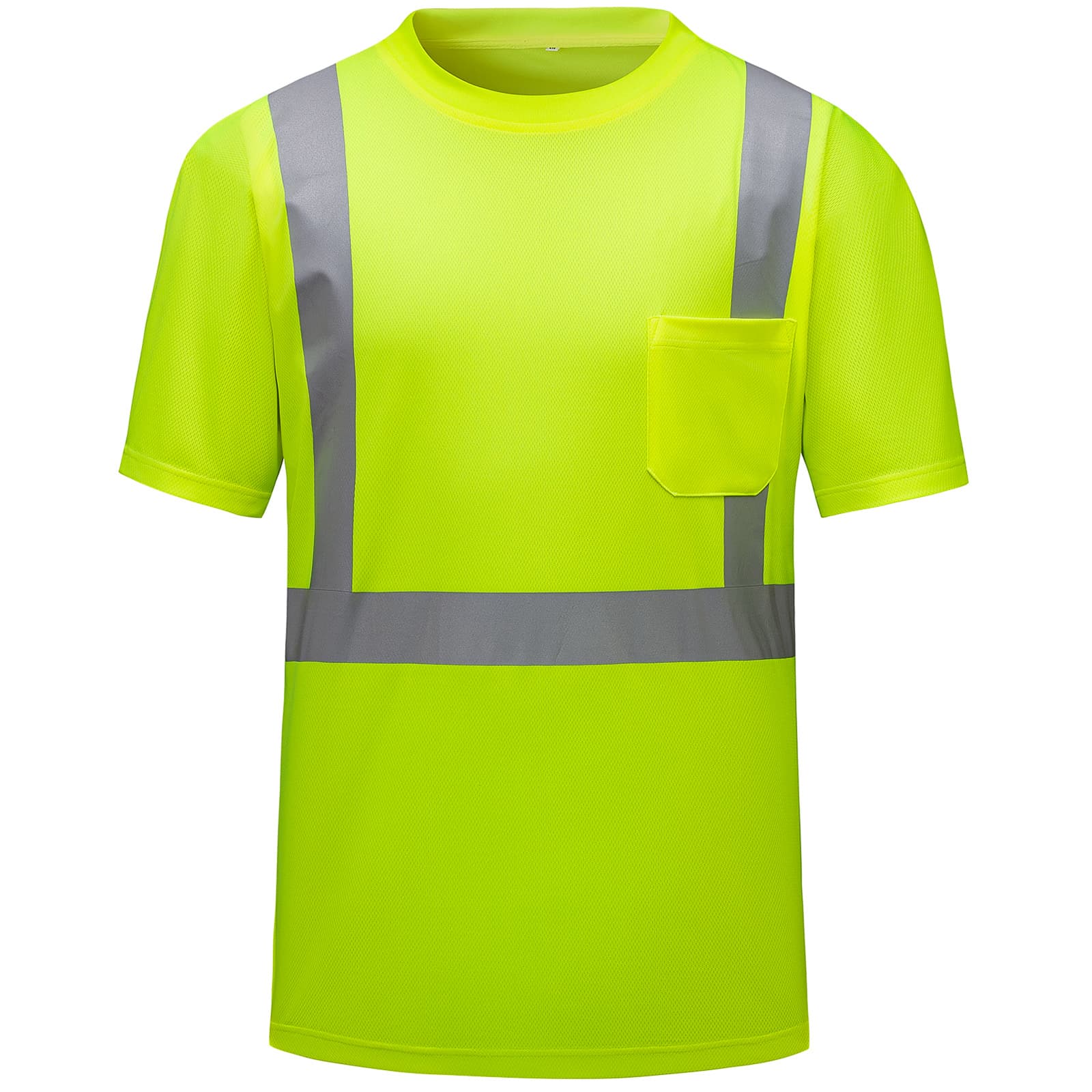 HivisPro ANSI Class 2 High-Visibility Safety T-Shirt in neon yellow with breathable mesh, reflective tape, and chest pocket - T202 Series.