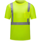 HivisPro ANSI Class 2 High-Visibility Safety T-Shirt in neon yellow with breathable mesh, reflective tape, and chest pocket - T202 Series.