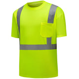 Side view of HivisPro ANSI Class 2 neon yellow safety T-shirt featuring breathable mesh fabric, reflective stripes, and chest pocket - T202 Series.