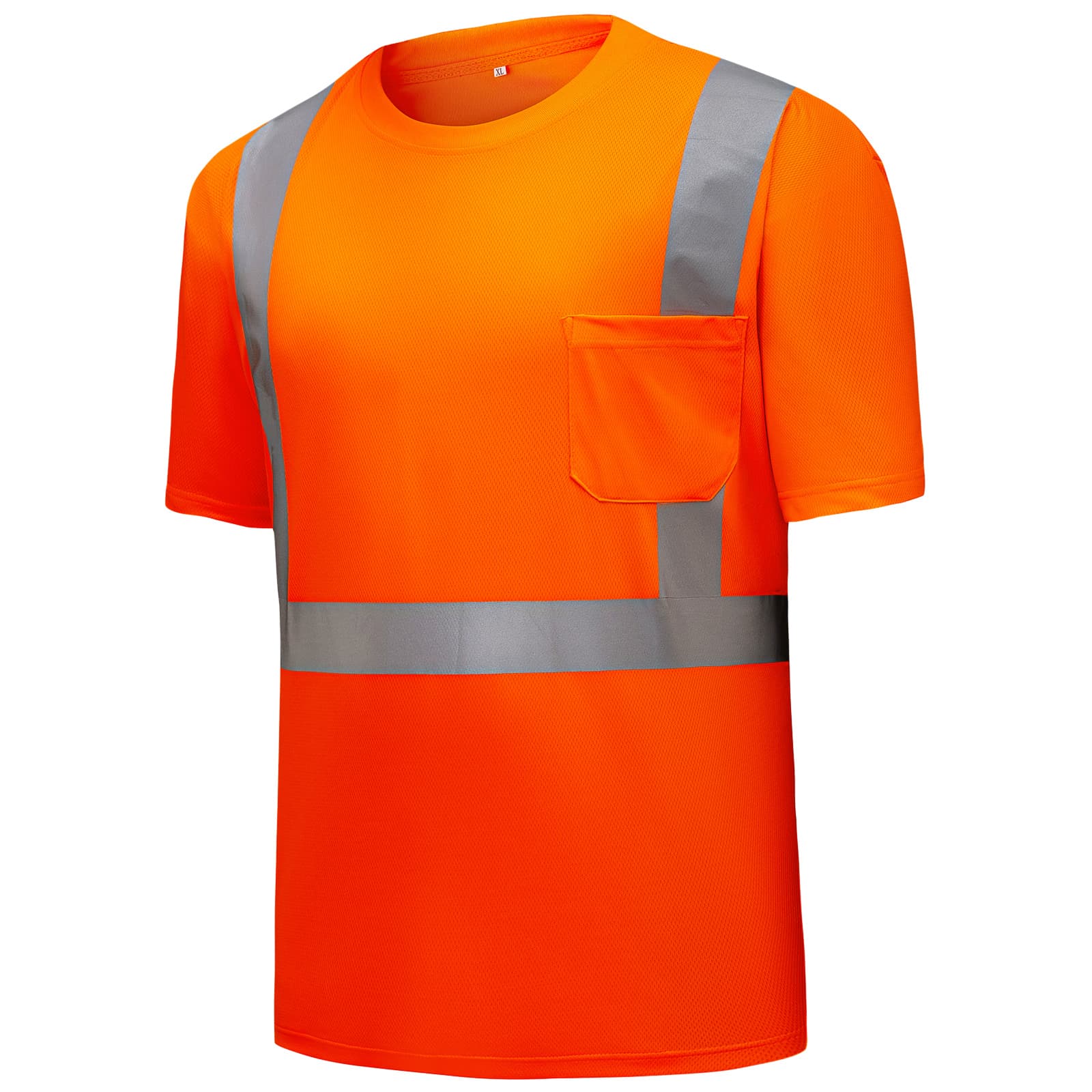 Angled view of HivisPro ANSI Class 2 orange safety T-shirt with breathable mesh, reflective tape, and chest pocket for industrial workwear - T202 Series.