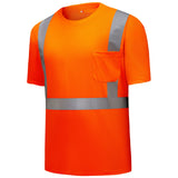 Angled view of HivisPro ANSI Class 2 orange safety T-shirt with breathable mesh, reflective tape, and chest pocket for industrial workwear - T202 Series.