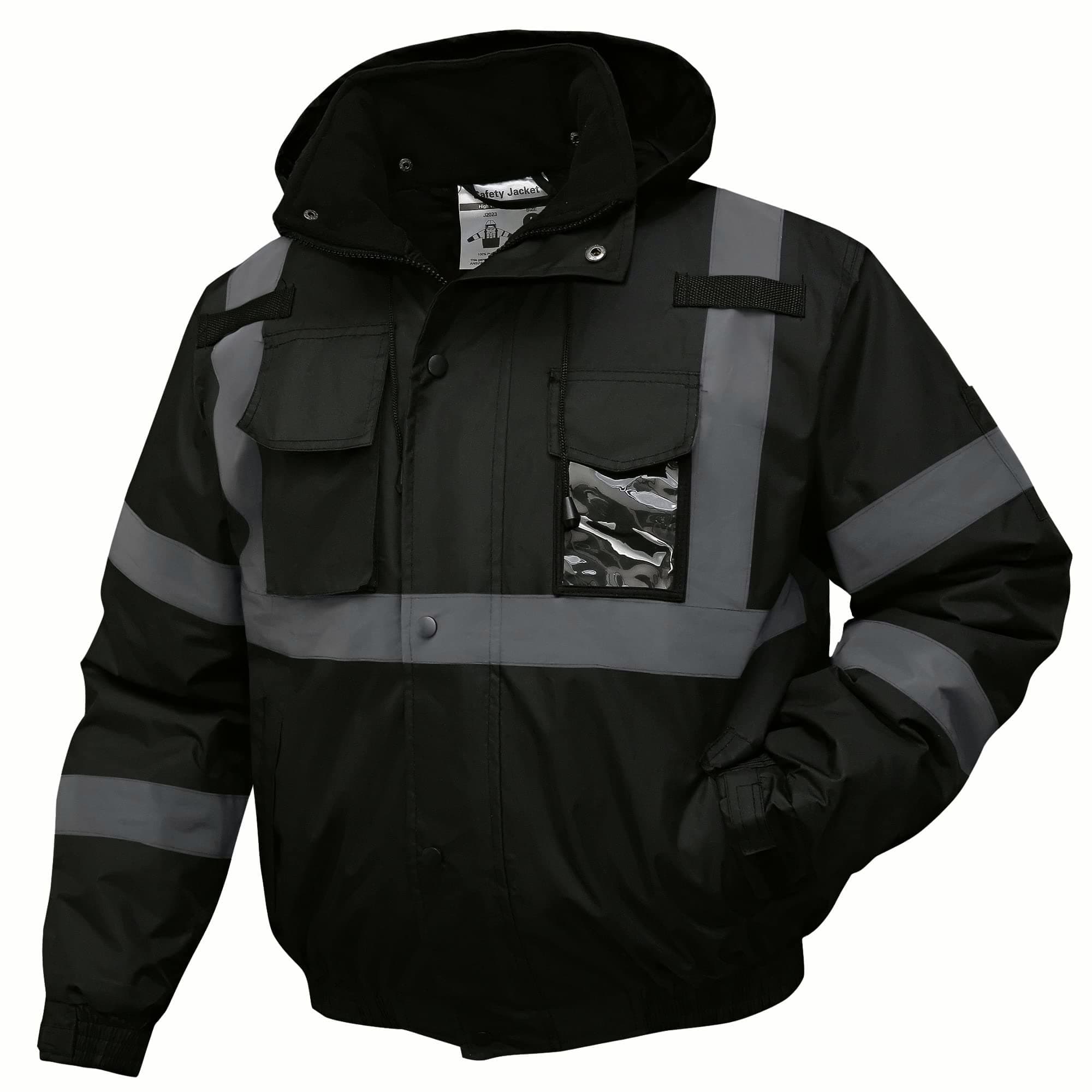 Hivispro ANSI Class-3 high-visibility safety jacket J2023 in black, front view.