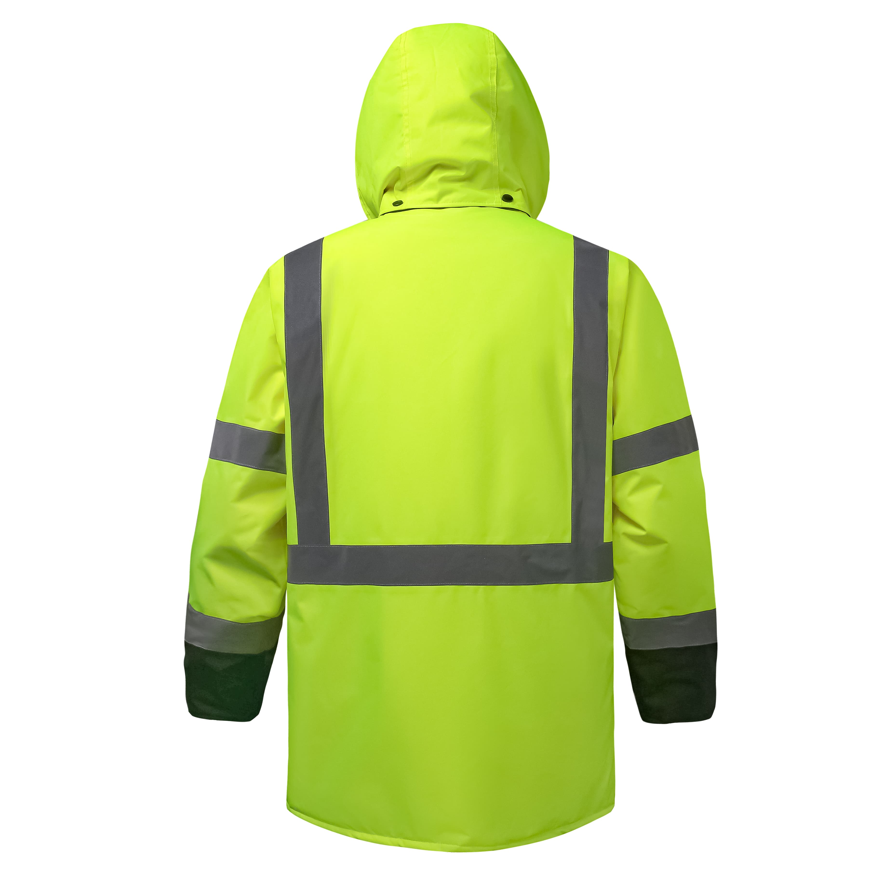 Hivispro ANSI Class-2 high-visibility safety jacket J42051 in lime, back view.