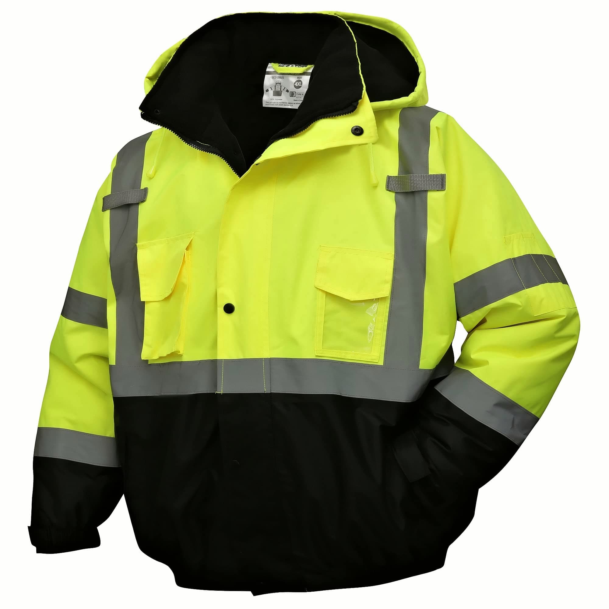Hivispro ANSI Class-2 high-visibility safety jacket J2021 in lime, front view.
