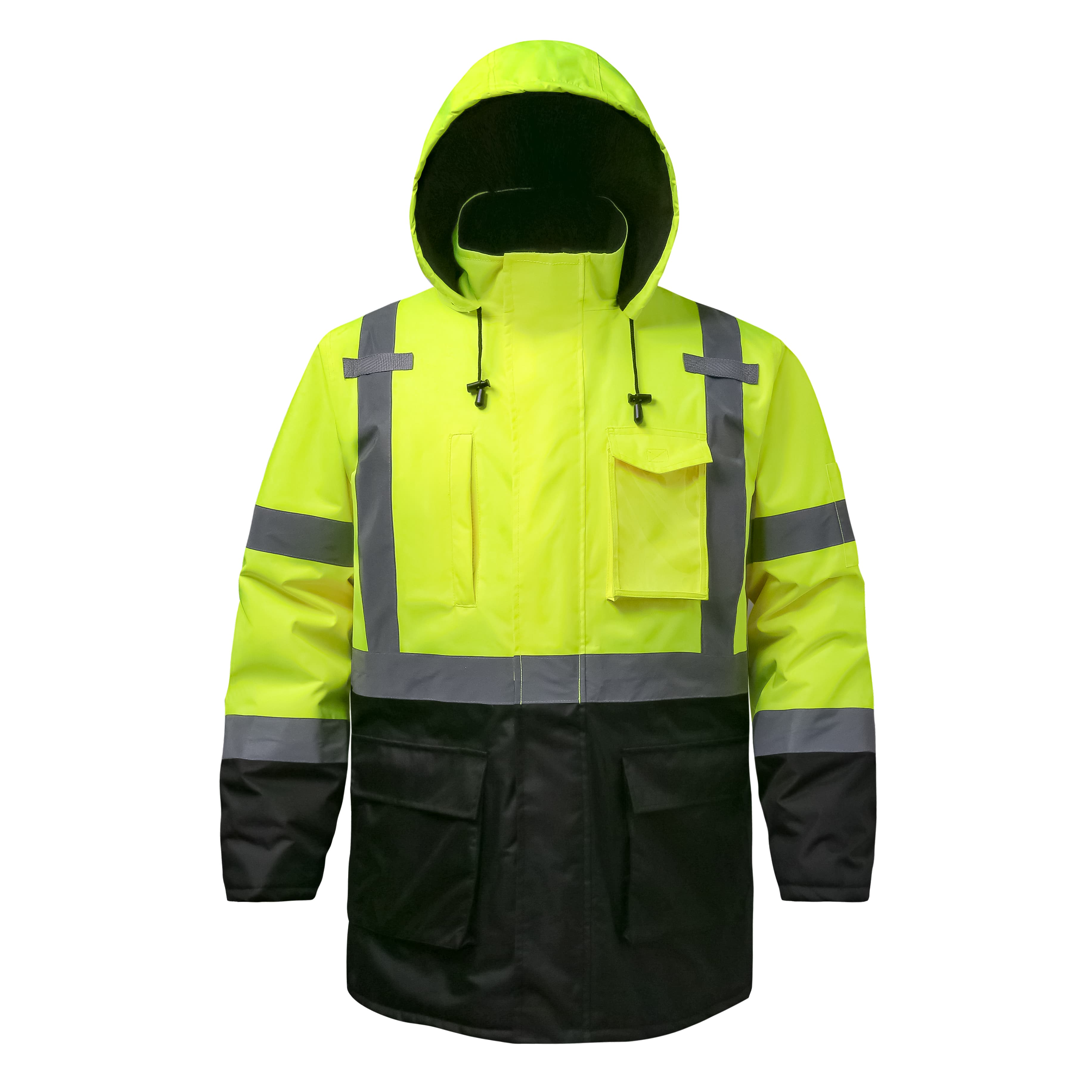 Hivispro ANSI Class-3 high-visibility safety jacket J42051 in lime, front view.