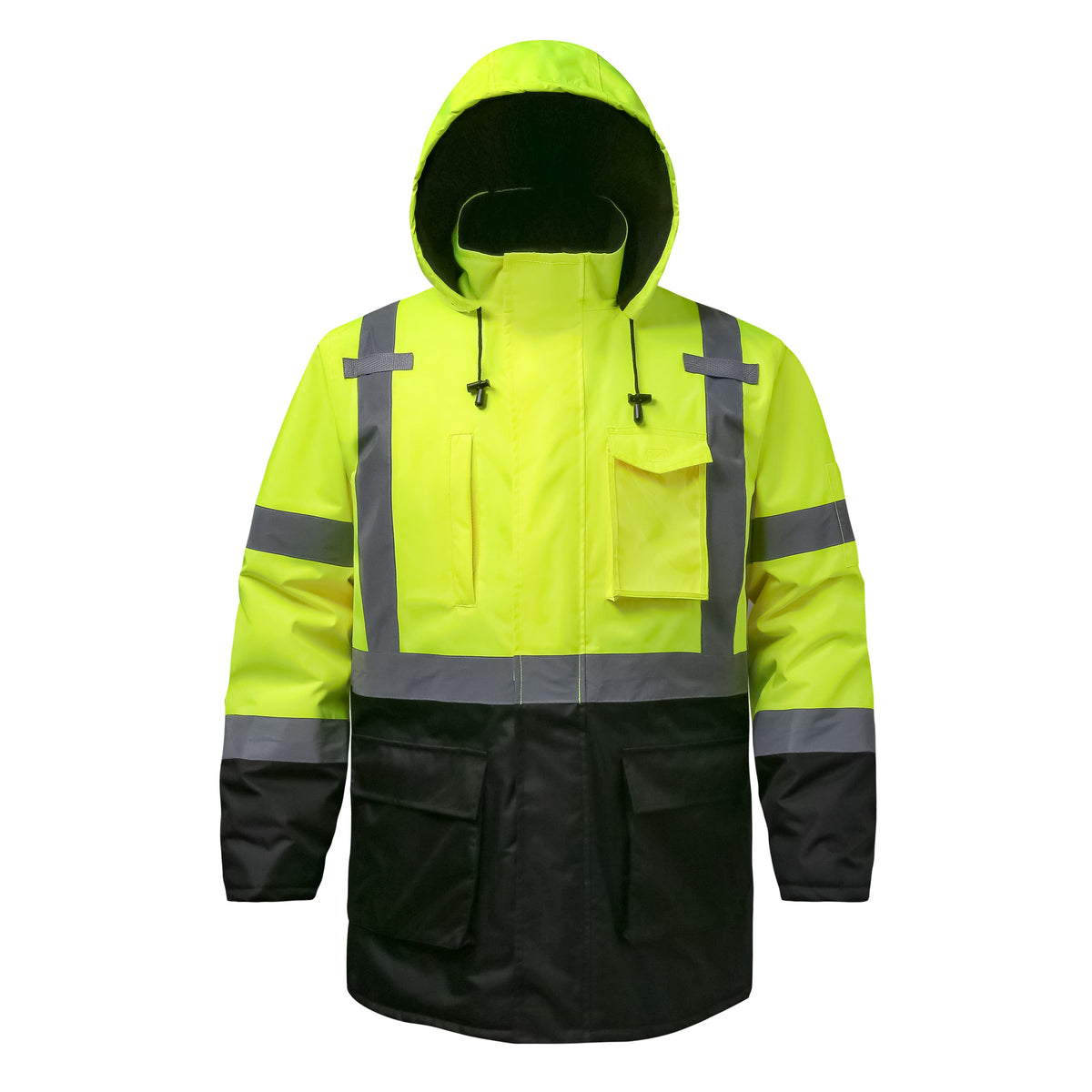 Hivispro ANSI Class-3 high-visibility safety jacket J42051 in lime, front view.