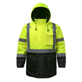Hivispro ANSI Class-3 high-visibility safety jacket J42051 in lime, front view.