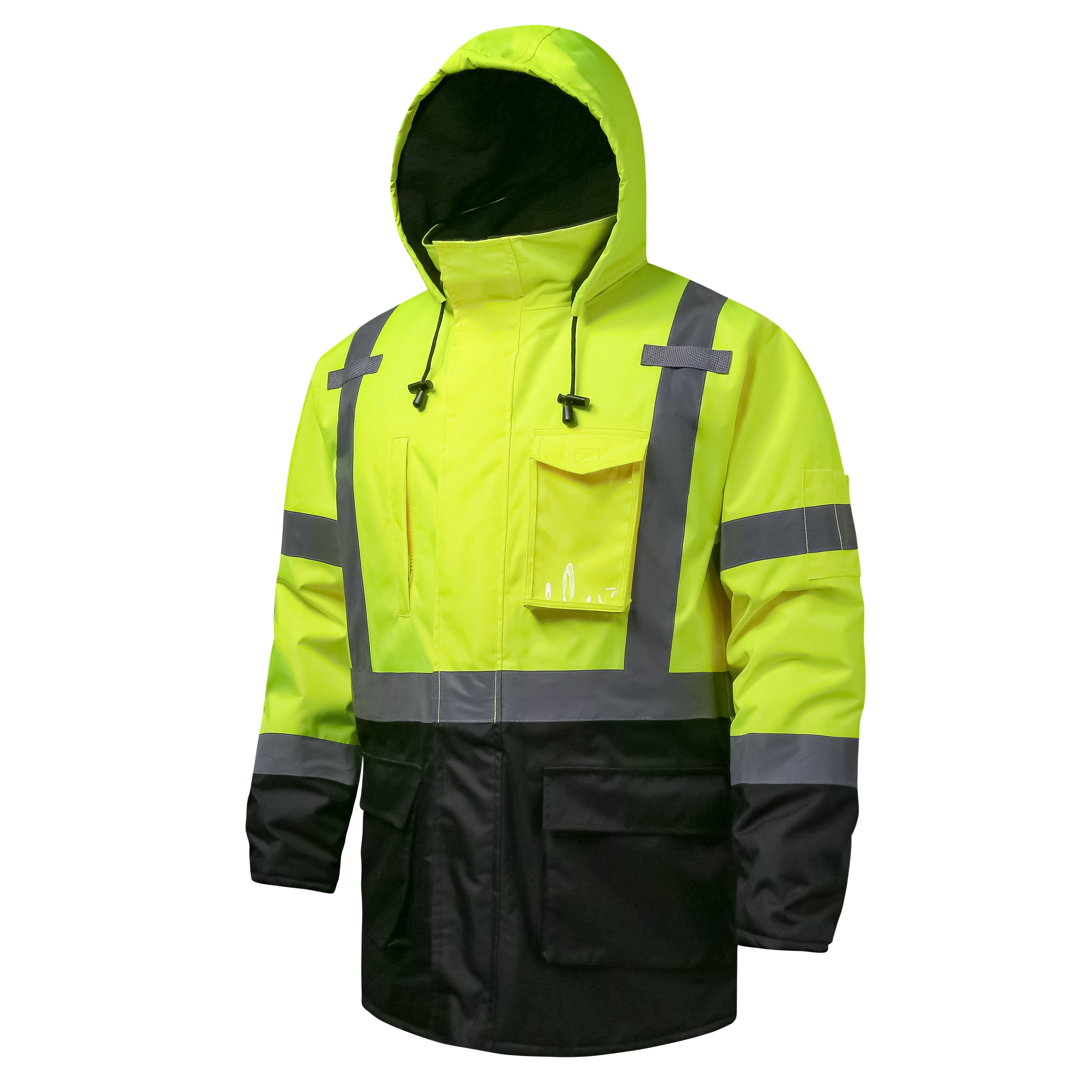 Hivispro ANSI Class-3 high-visibility safety jacket J42051 in lime, side view.
