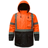 Hivispro ANSI Class-3 high-visibility safety jacket J42052 in orange, front view.