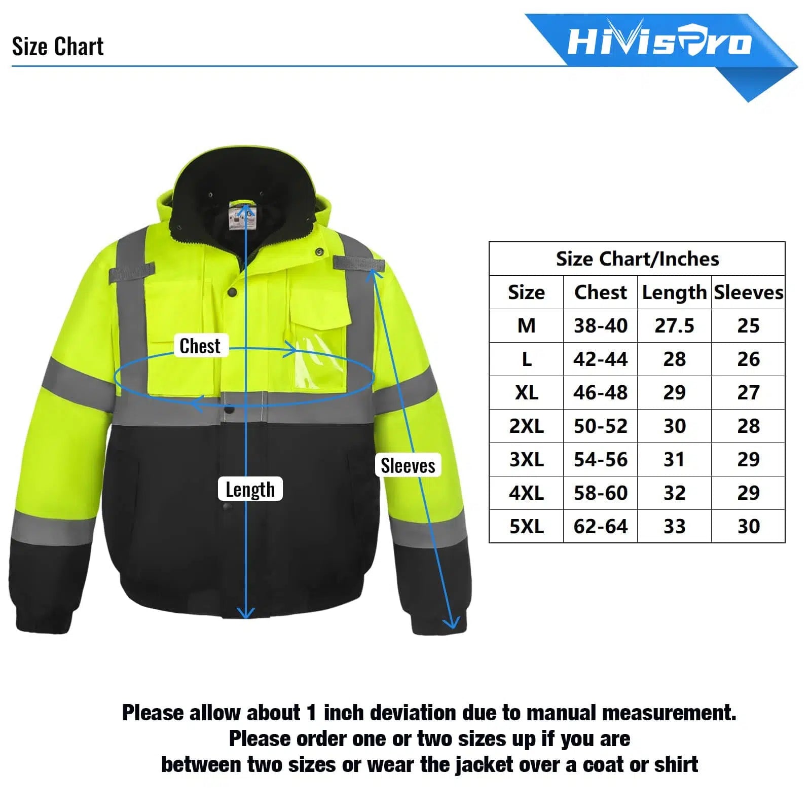 HiVisPro Lime safety jacket J2021 with size chart on a white background