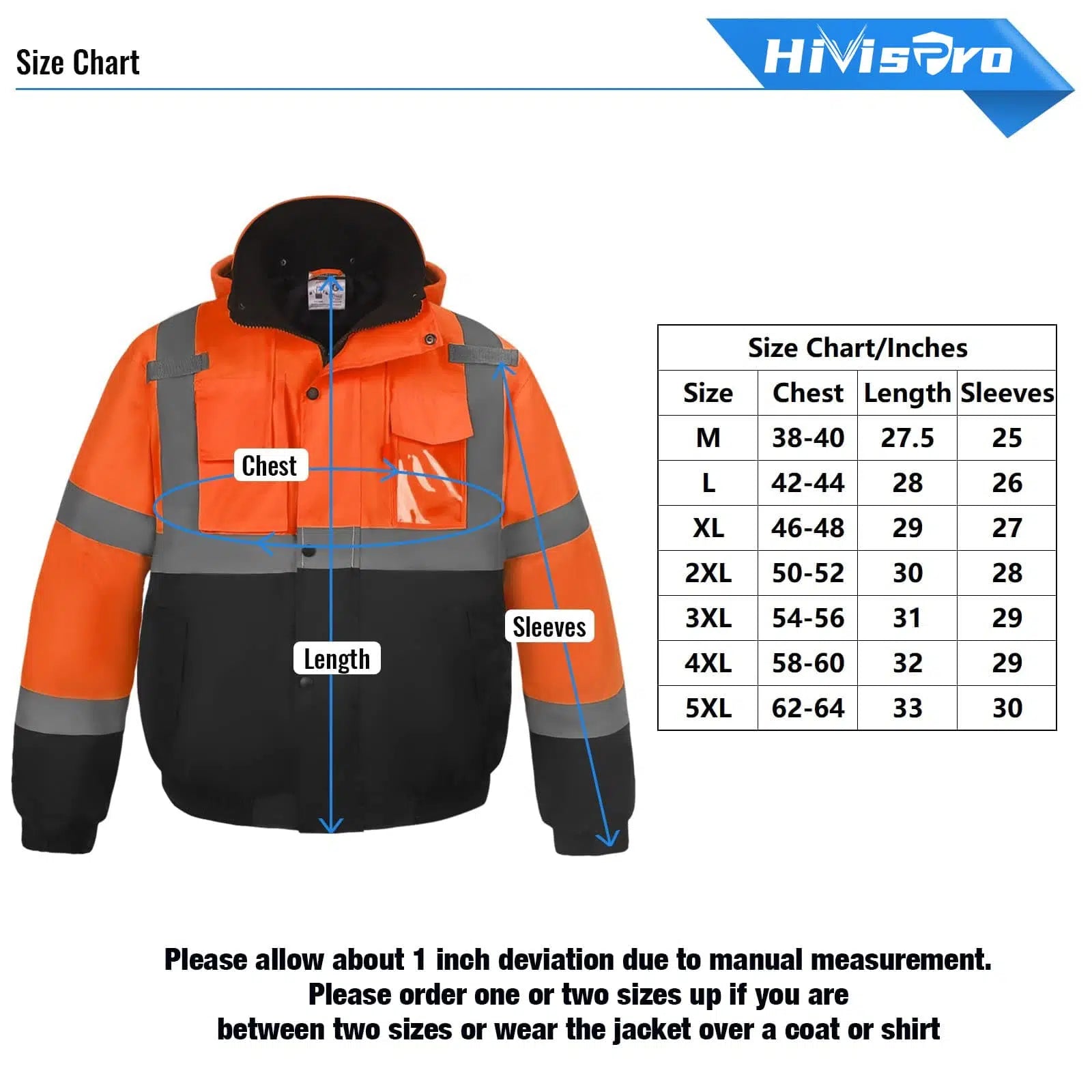 HivisPro Orange and black jacket J2022 with size chart on a white background