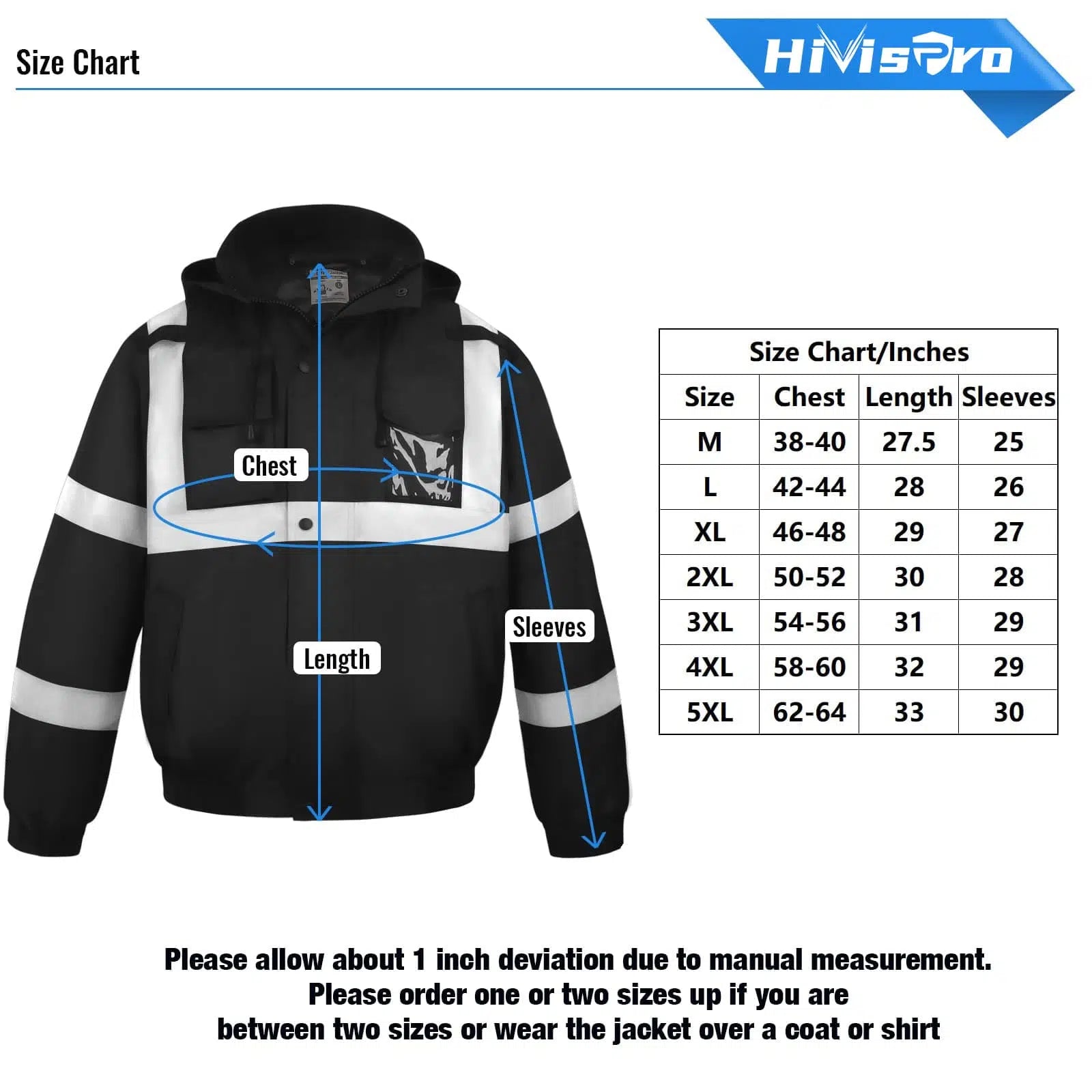 HivisPro Black safety jacket J2023 with reflective stripes and size chart on a white background