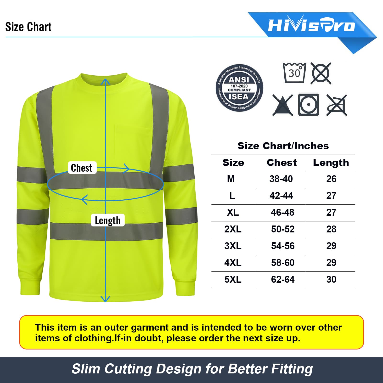 size chart of HivisPro Long sleeve hi vis safety shirts L32011