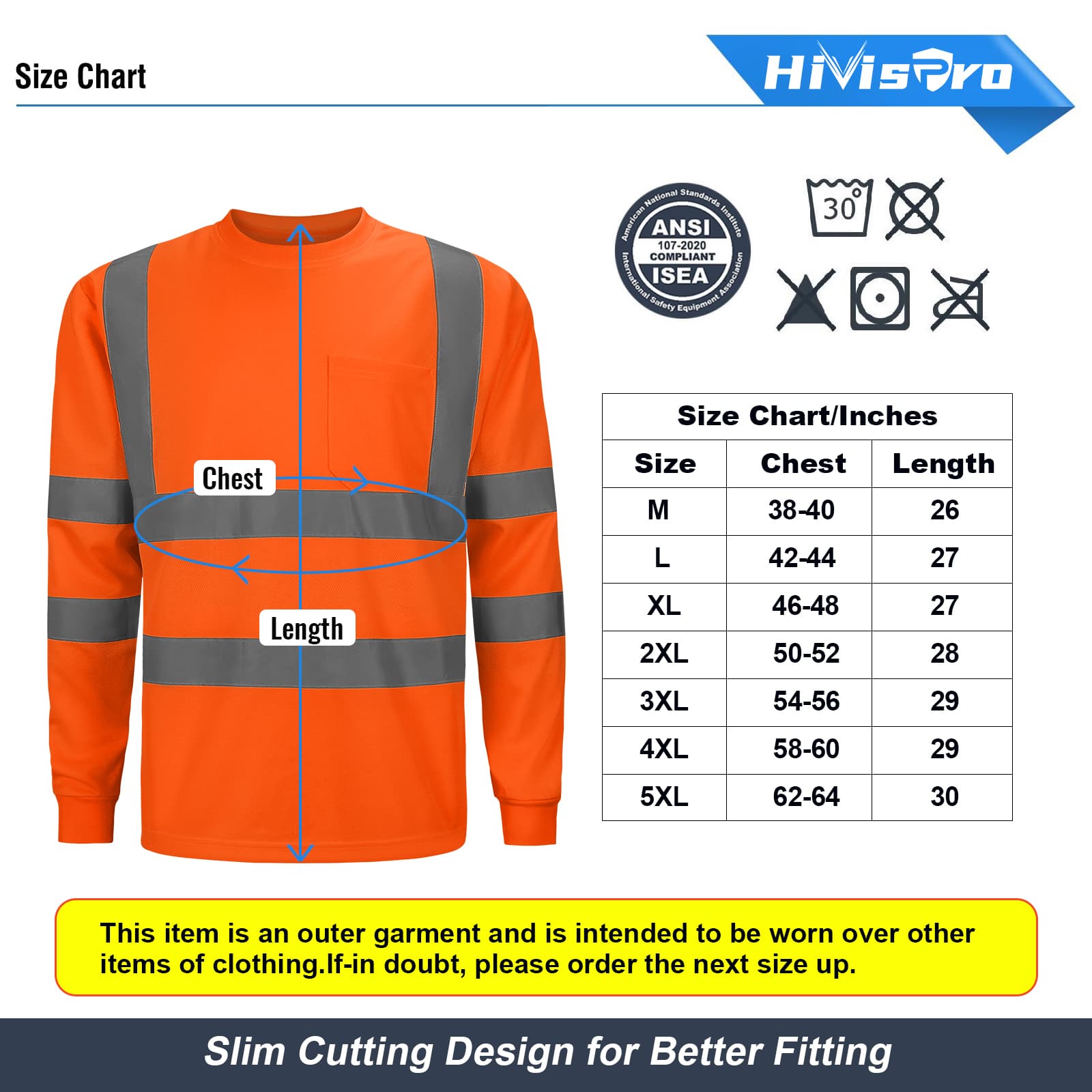 size chart of hivispro long sleeve hi vis safety shirt L32012