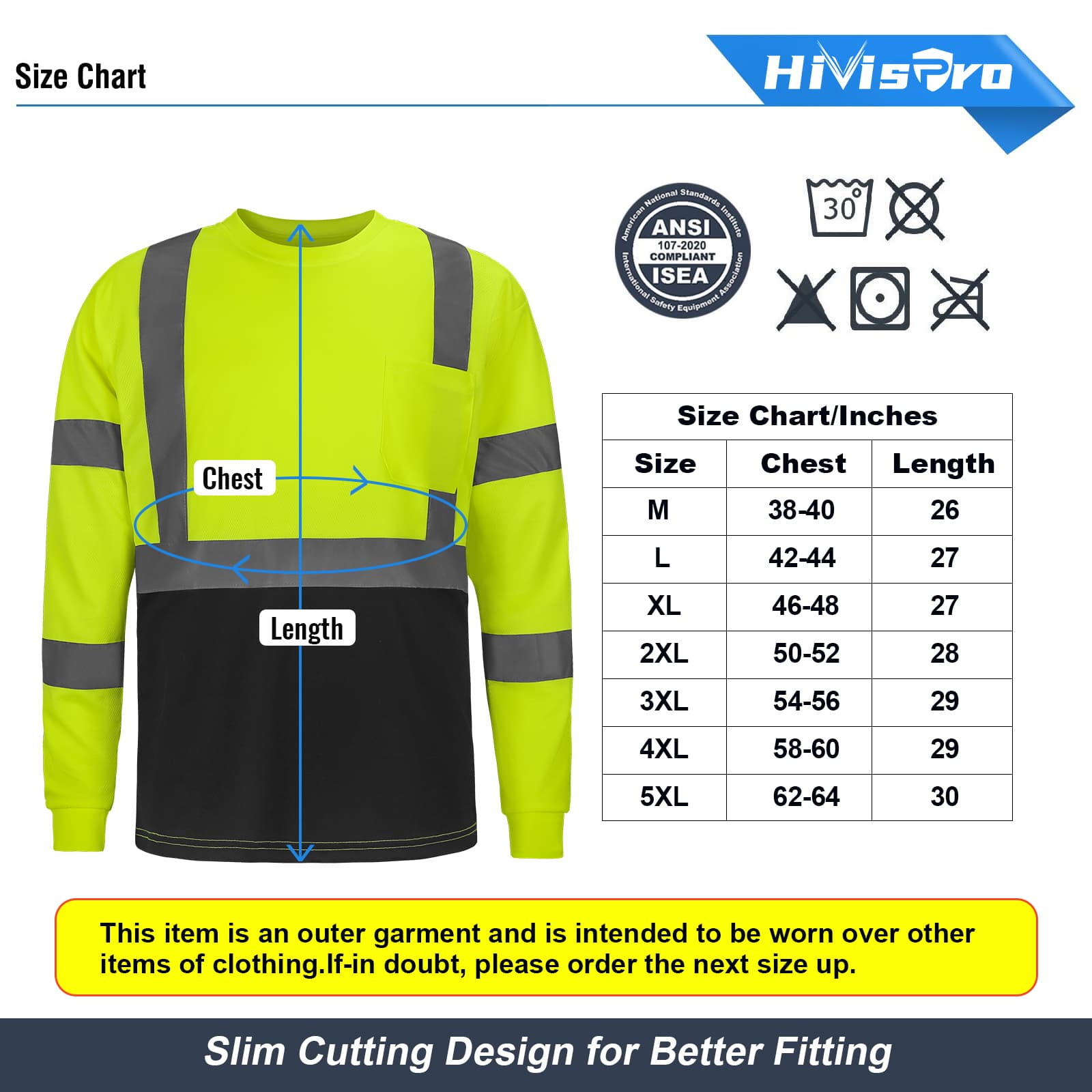 size chart of hivispro long sleeve safety shirt L32021