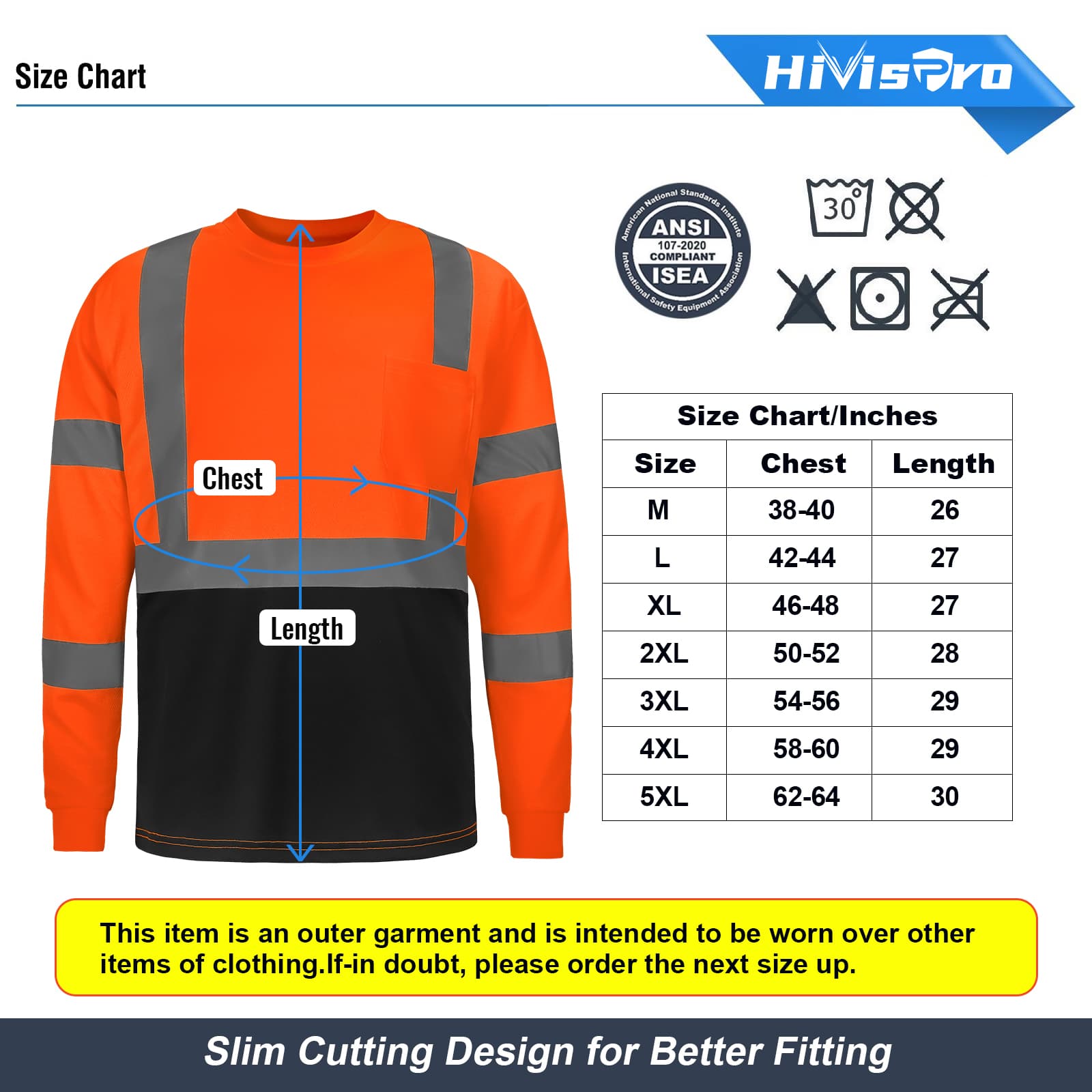 size chart of hivispro long sleeve safety shirt L32021