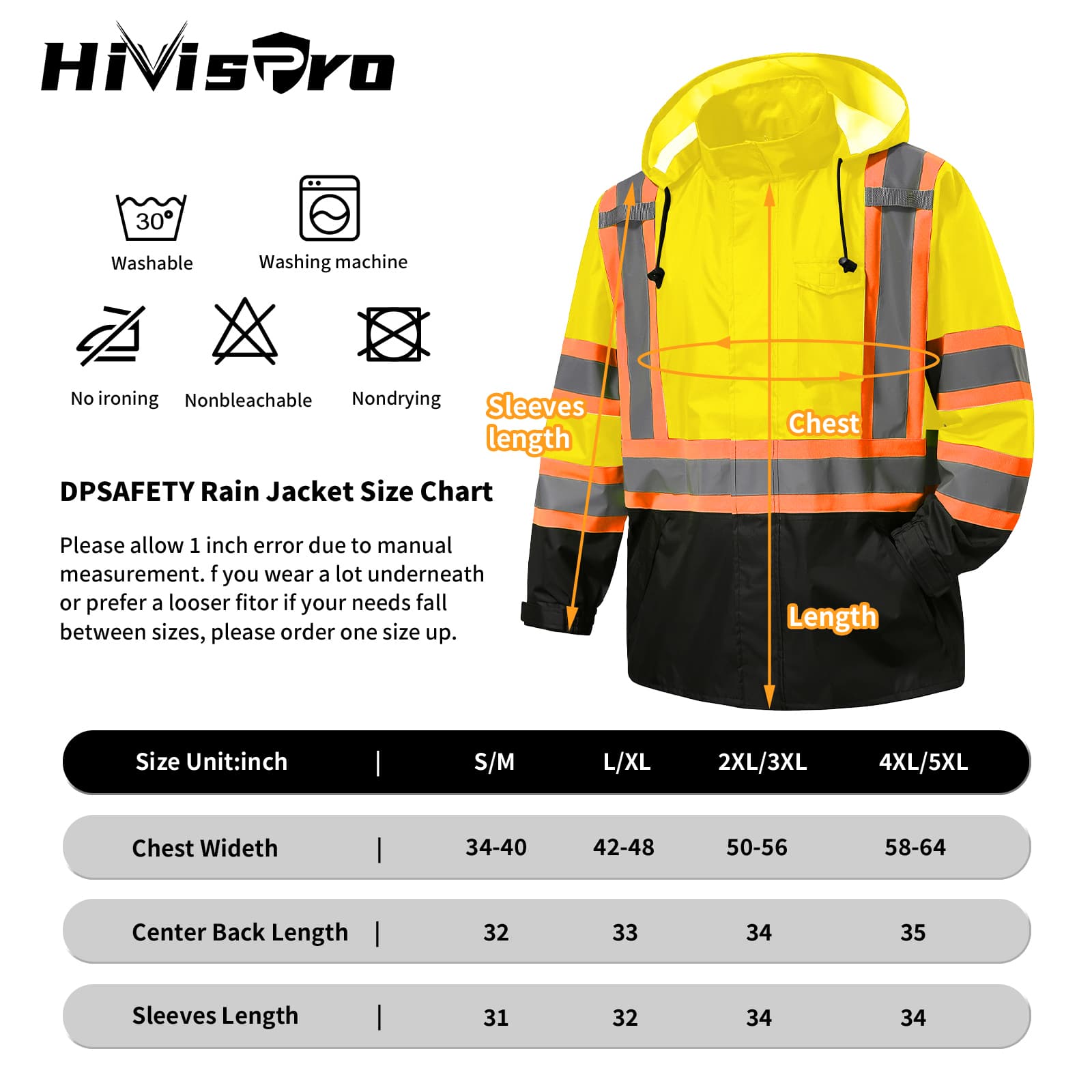 HivisPro safety raincoat R1011-1 size chart
