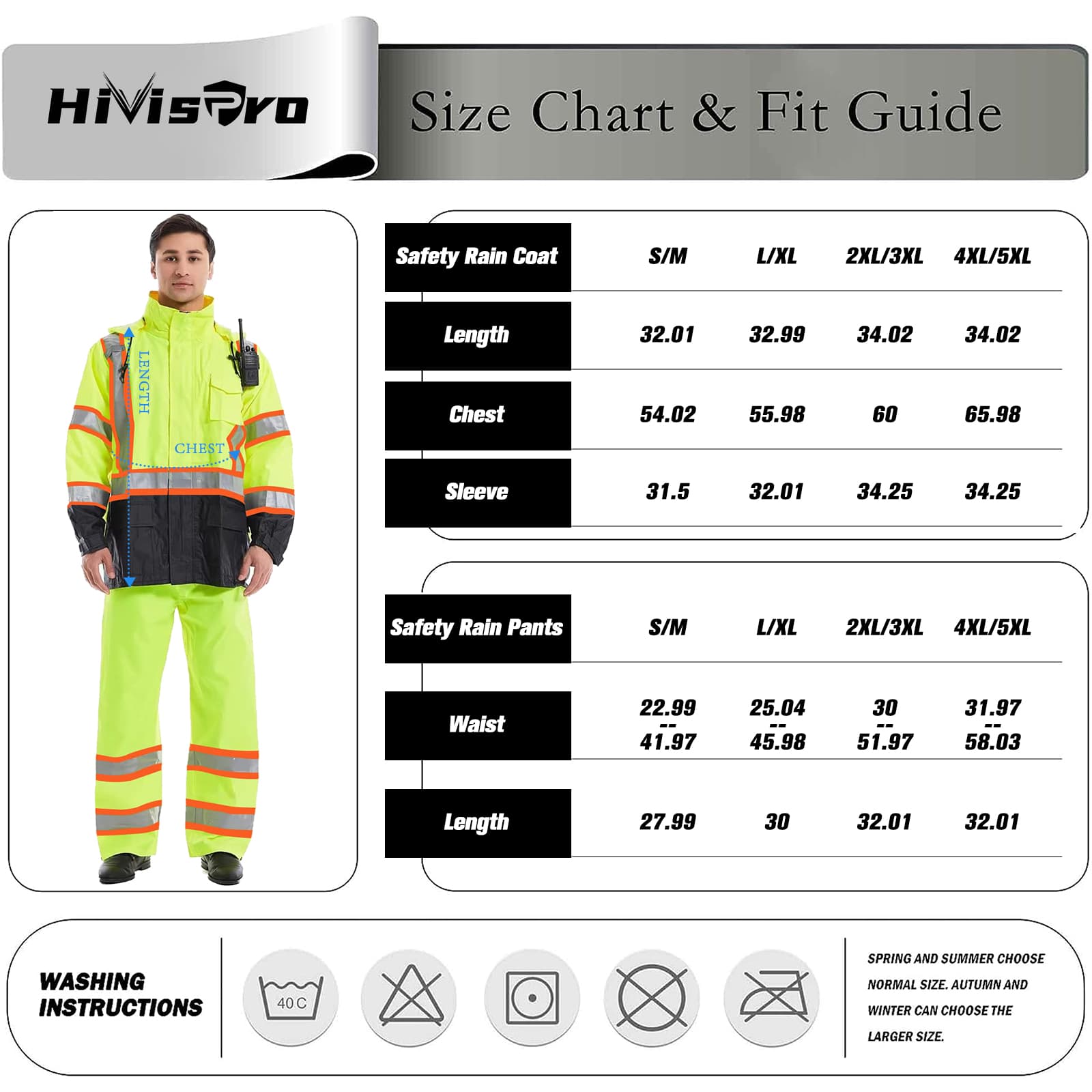 Hivispro R1011 hi-vis Raincoat size chart