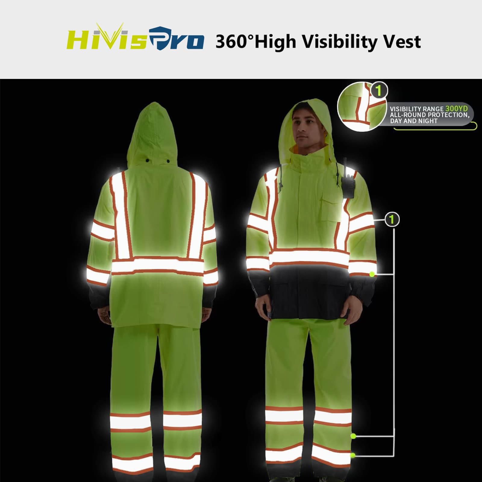 HivisPro ANSI Class 3 Hi-Vis Waterproof Reflective Rain Suit with 3 Pockets - R101 Series
