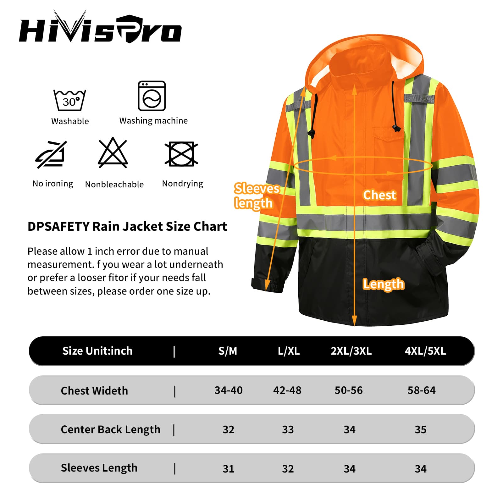 HivisPro safety raincoat R1012-1 size chart