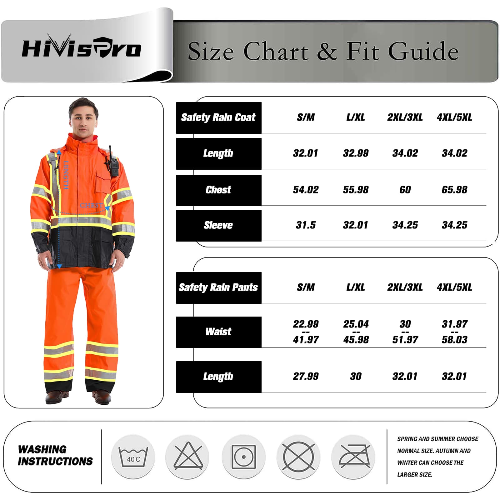 Hivispro R1012 hi-vis Raincoat size chart
