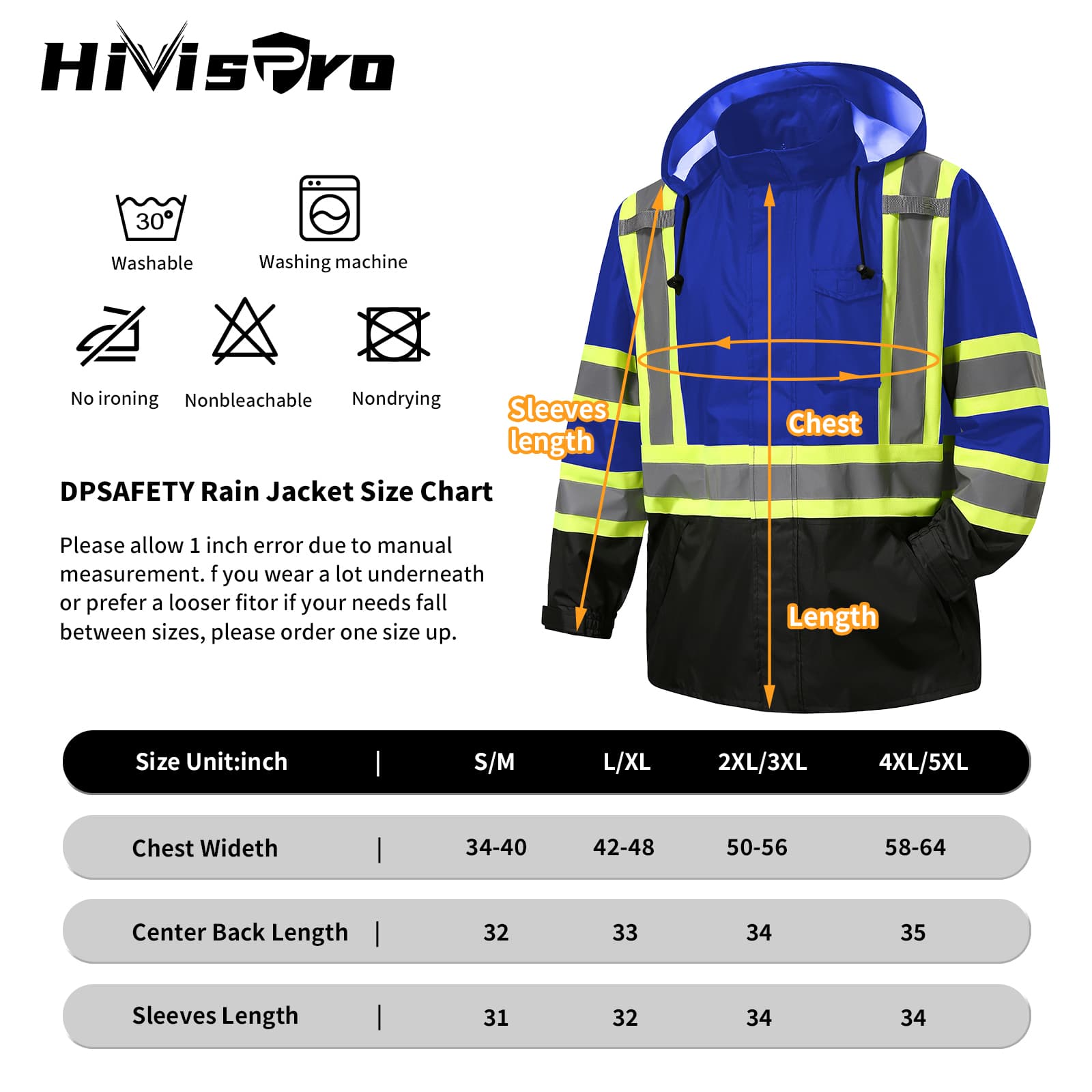 HivisPro safety raincoat R1014-1 size chart