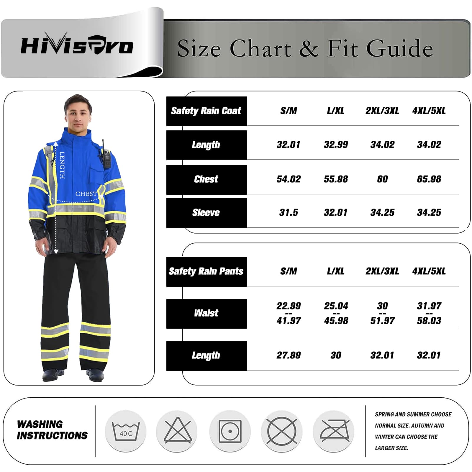 Hivispro R1014 hi-vis Raincoat size chart