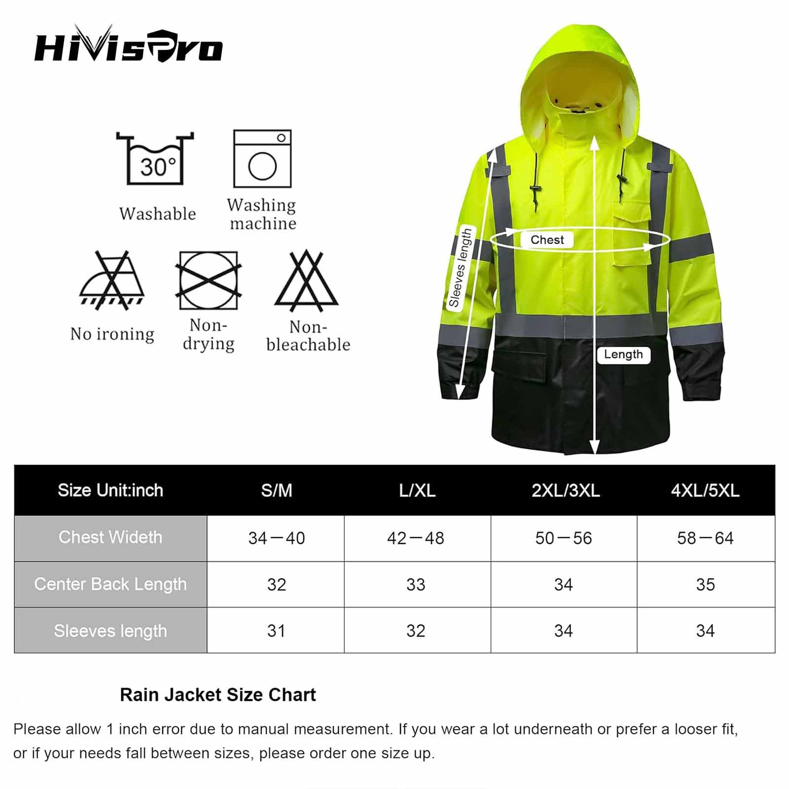HIVISPRO R2011-1 lime rain jacket with size chart and care instructions on a white background