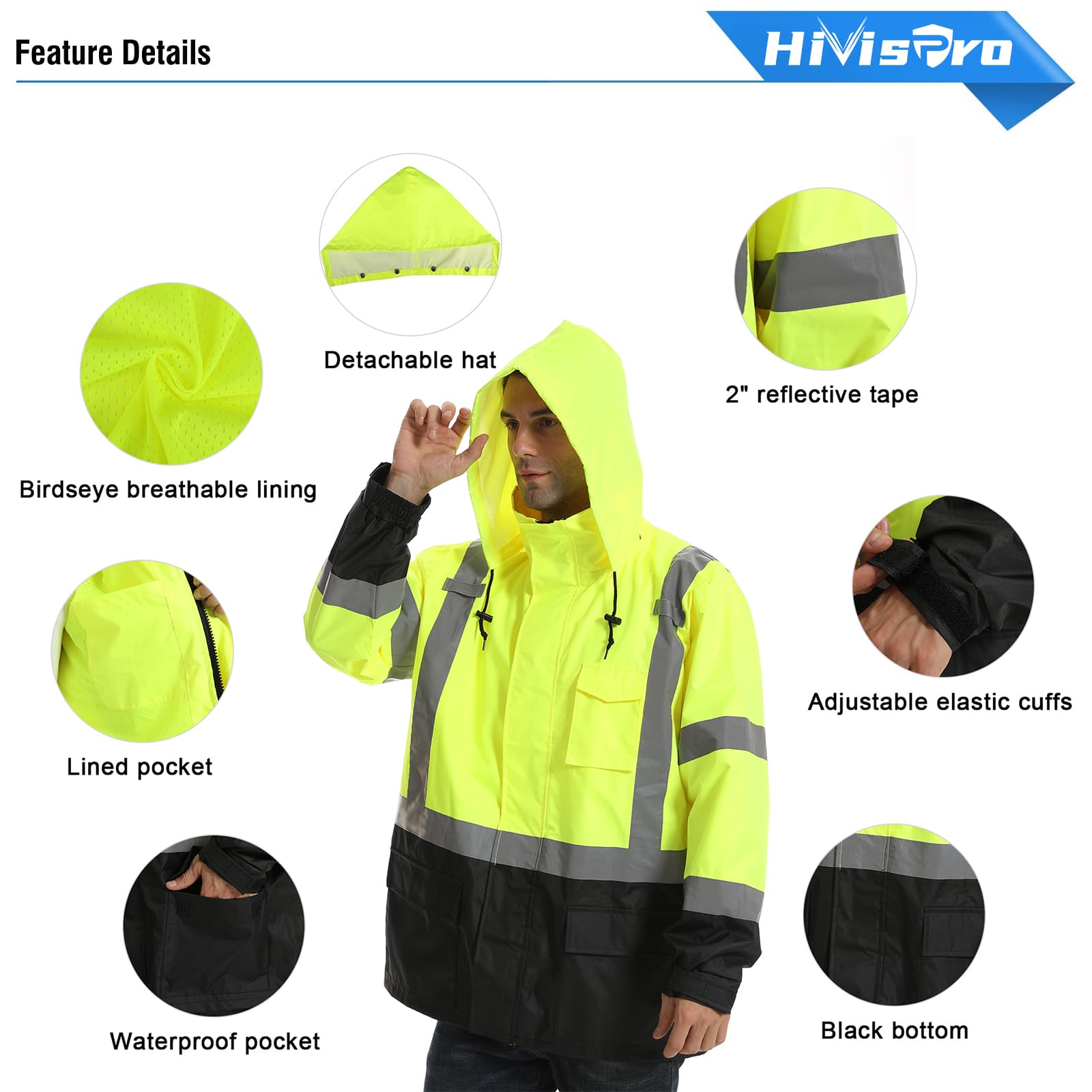 High-visibility jacket with features highlighted, including a detachable hat, reflective tape, and various pockets, on a white background.
