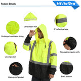 High-visibility jacket with features highlighted, including a detachable hat, reflective tape, and various pockets, on a white background.