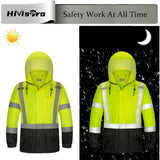 High-visibility safety lime jacket with reflective stripes shown under sun and moonlight.