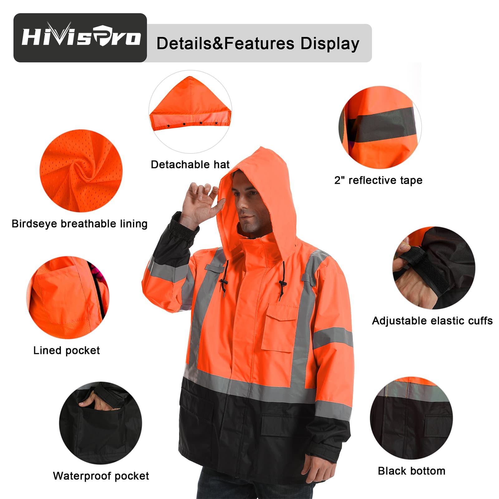 Orange raincoat with features highlighted, including a detachable hat, reflective tape, and various pockets, on a white background.