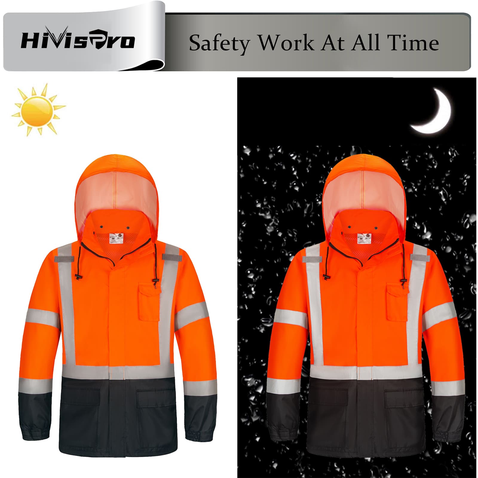 Orange safety jacket with reflective stripes shown during the day and night, featuring the brand 'HIVISPRO'.