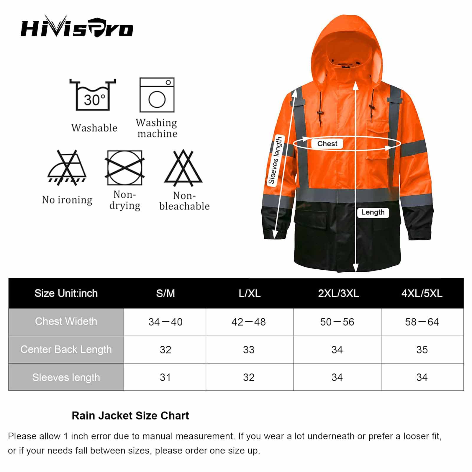 R2012-1 Orange rain jacket with black accents and size chart on a white background, featuring HivisPro branding.