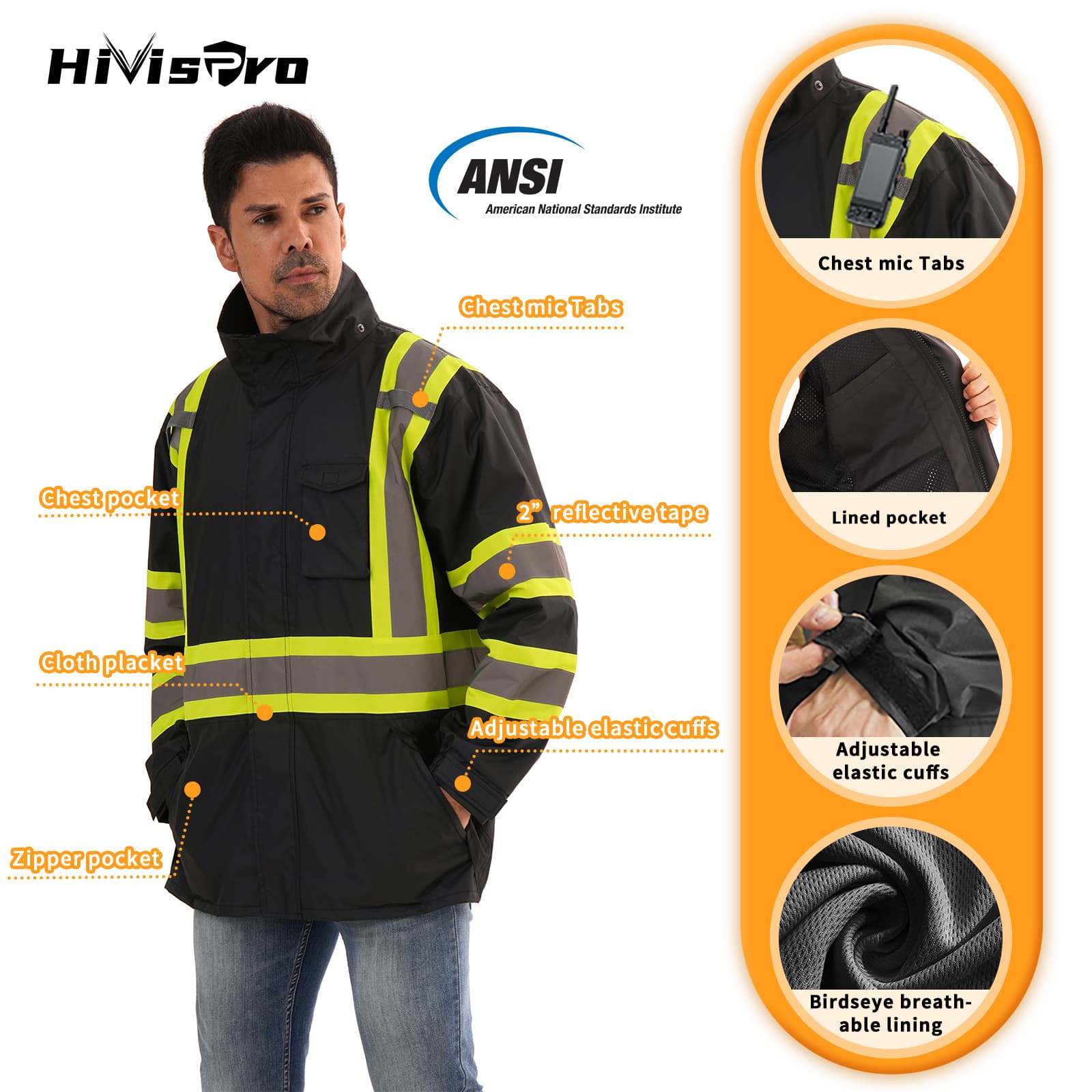 Person wearing hivispro black safety jacket R2013-1 with reflective yellow accents, featuring various features on an orange background.