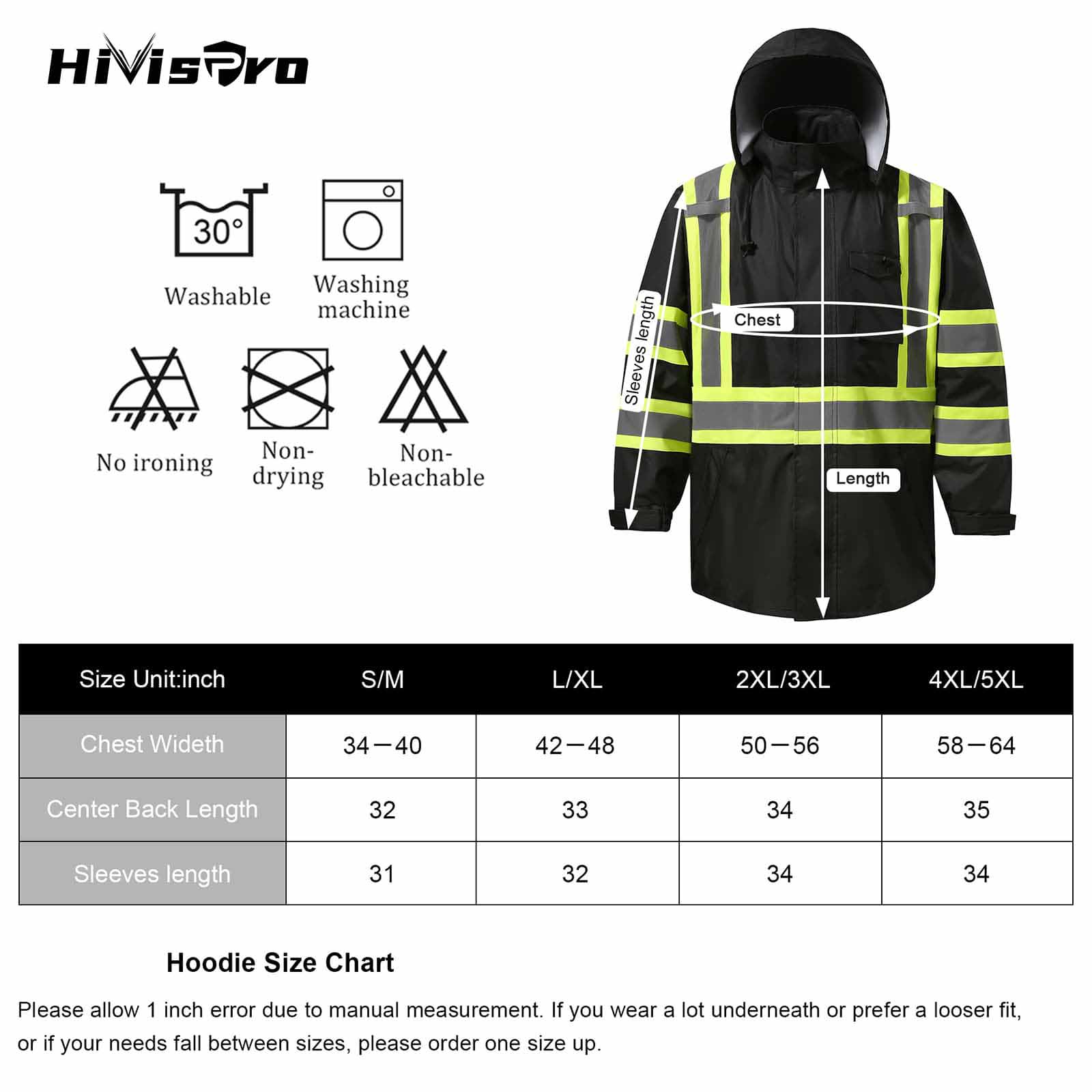 HIVISPRO Black safety jacket R2013-1 with size chart and care instructions on a white background