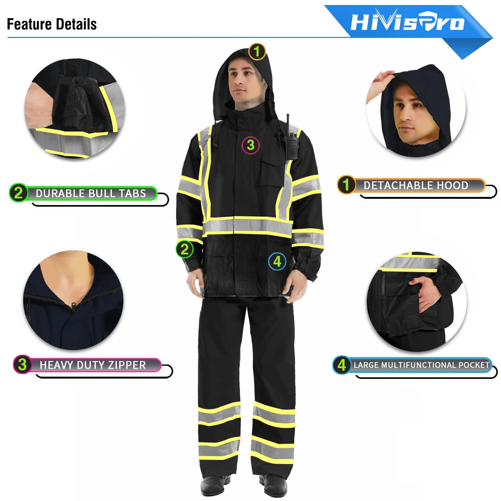 Black safety jacket R2012 with reflective stripes and features highlighted on a white background, branded with Hivispro.