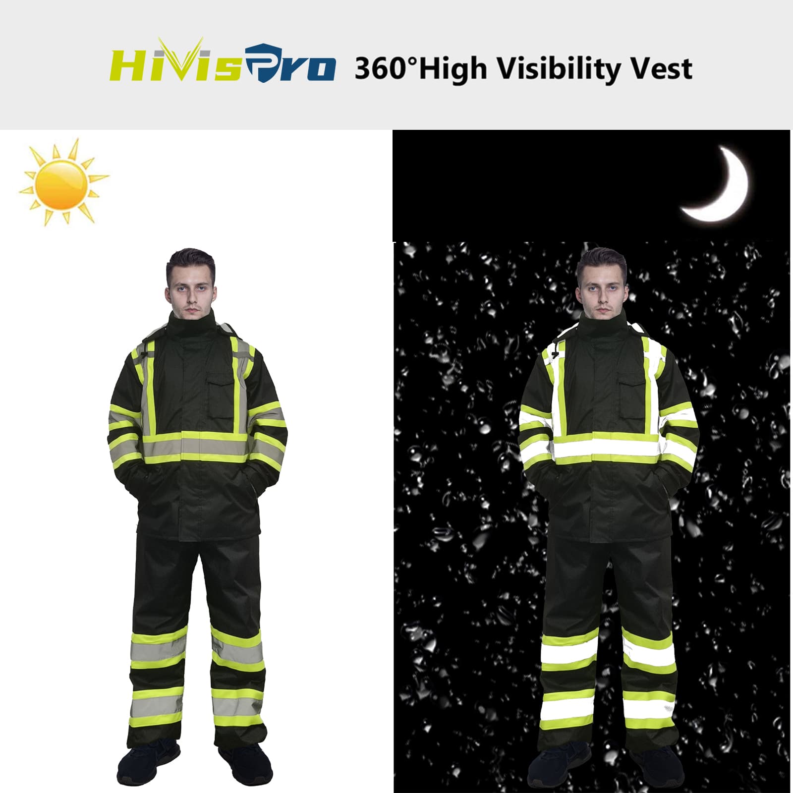HIVISPRO 360° High Visibility Vest shown on a person against a sun and night sky background.