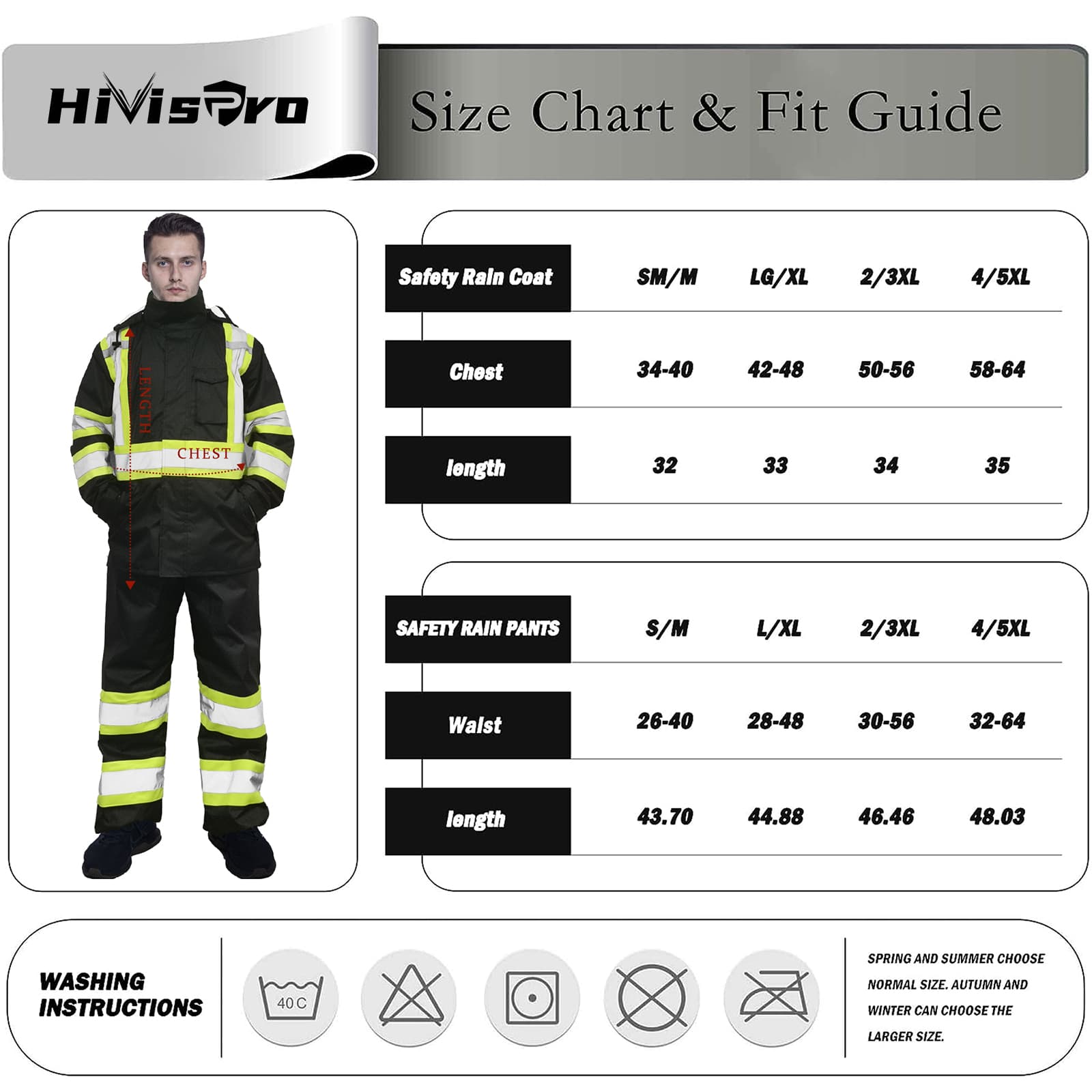 Size chart and fit guide for HiVisPro safety rain coat and pants with a model wearing the gear.