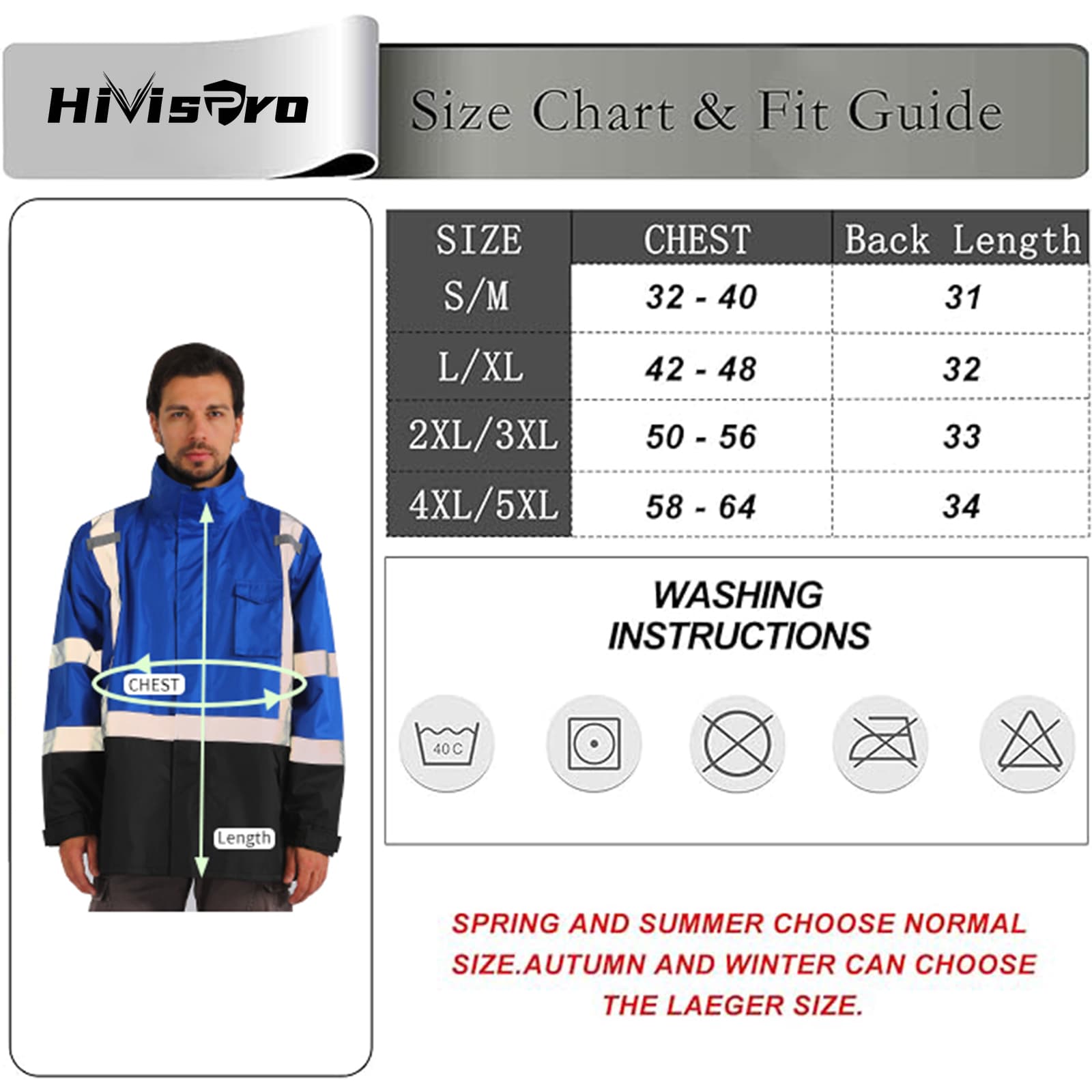 Size chart and fit guide for a HiVisPro safety raincoat with a man model and washing instructions.