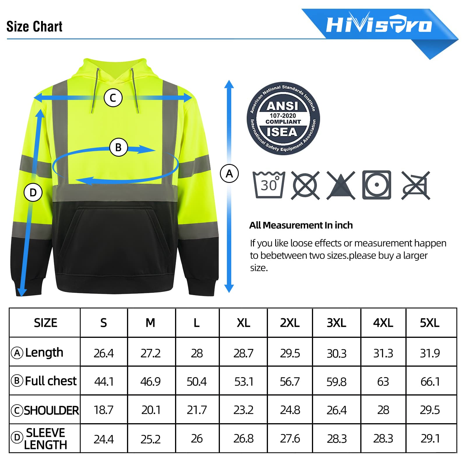 High-visibility hoodie with size chart and ANSI/ISEA compliance label on a white background