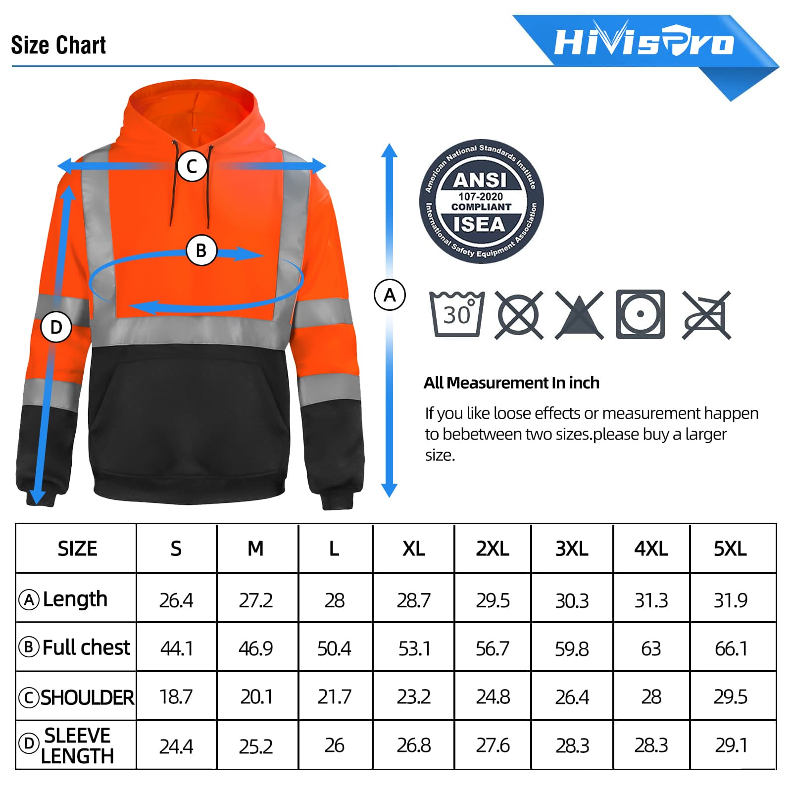Size chart for a HiVisPro safety hoodie with measurements and ANSI/ISEA compliance label.