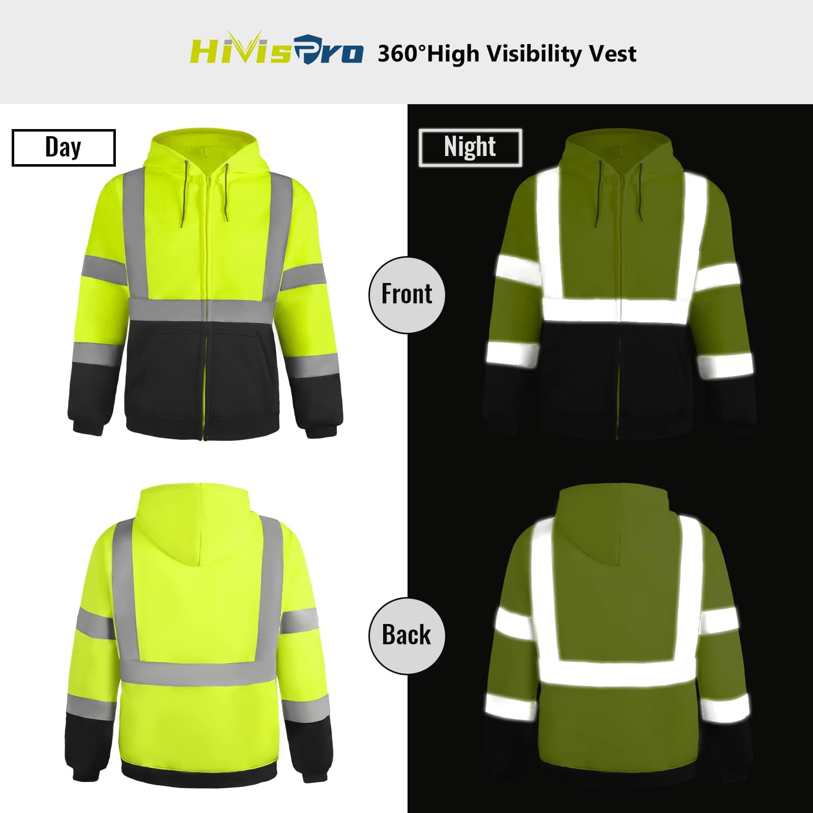 HIVISPRO high visibility lime sweatshirts ST2041 shown from multiple angles 