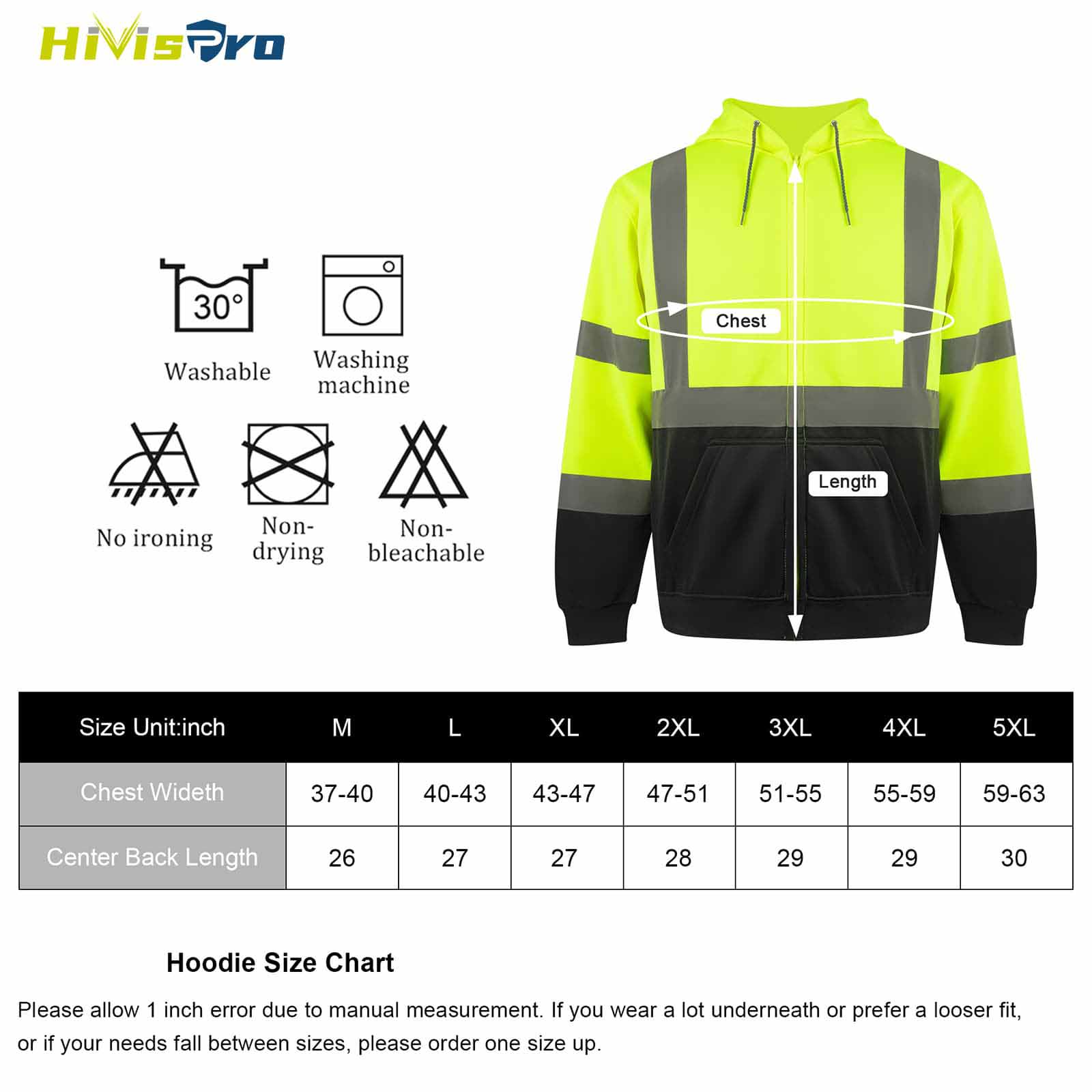 HIVISPRO lime high-visibility hoodie ST2041 with size chart and wash instruction on a white background