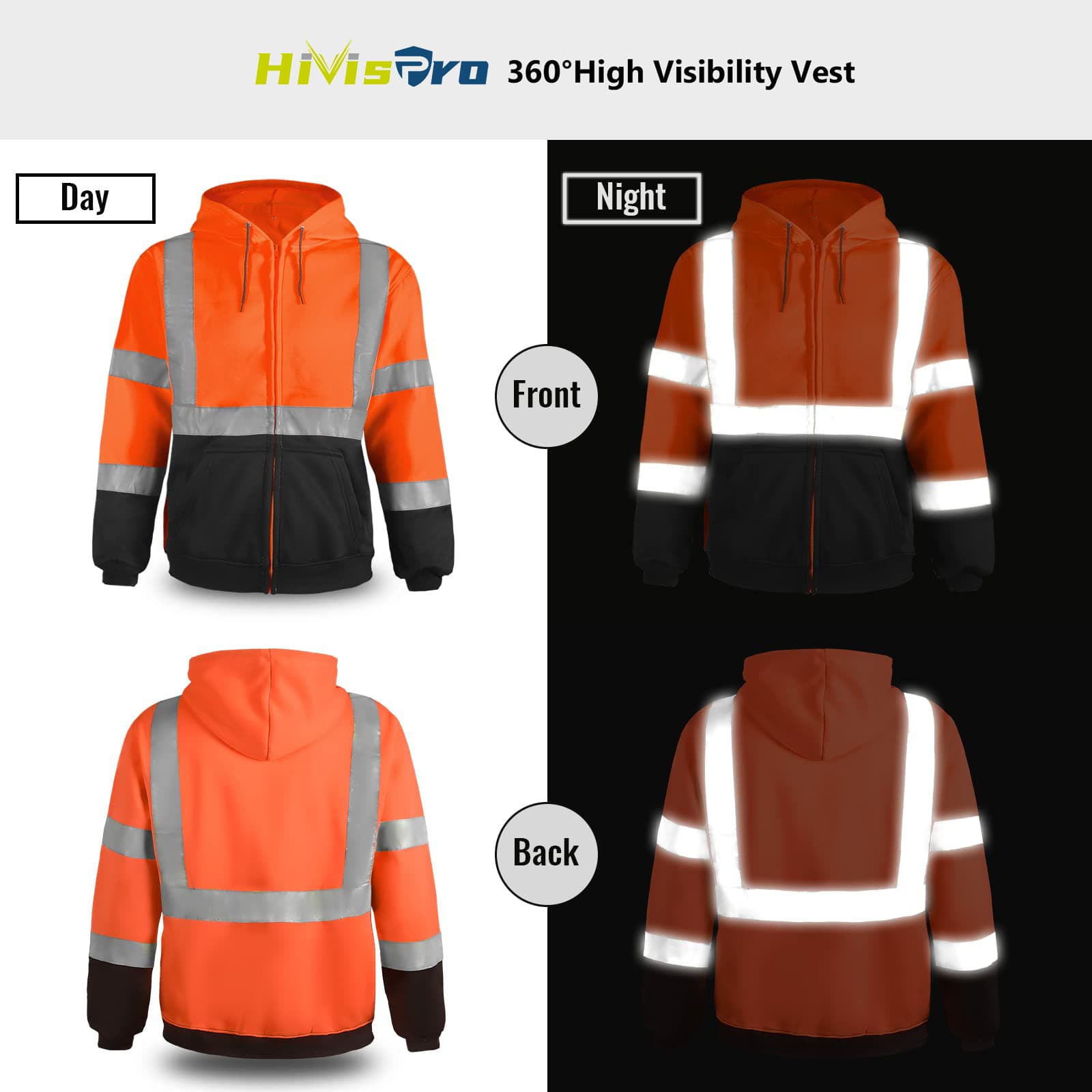 HIVISPRO 360° High Visibility Orange Vest ST2042 shown from day and night perspectives.