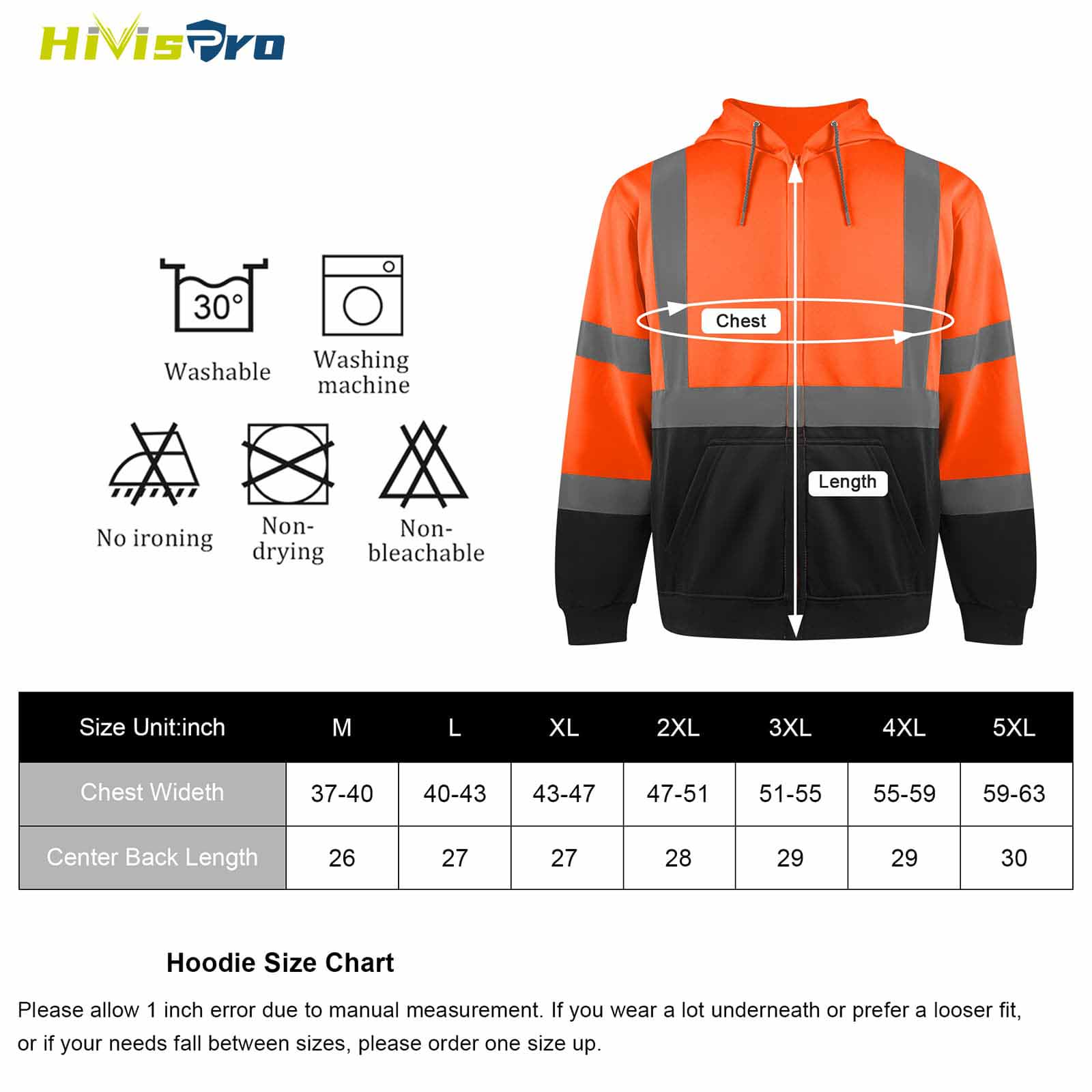 HIVISPRO orange high-visibility hoodie ST2042 with size chart and wash instruction on a white background